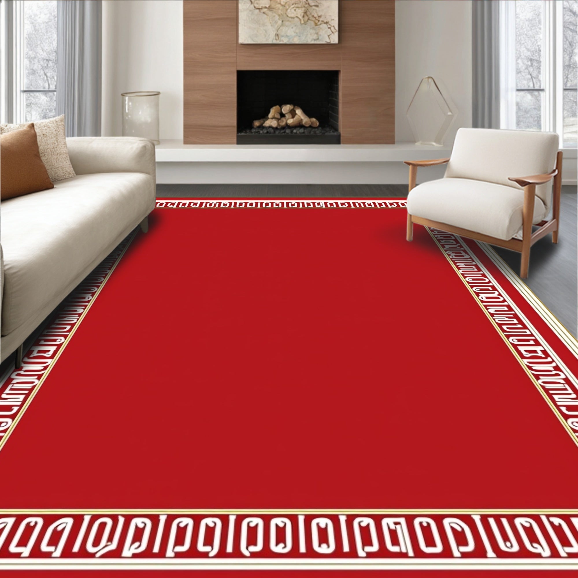 Bold Geometric Red Gold Border Rug