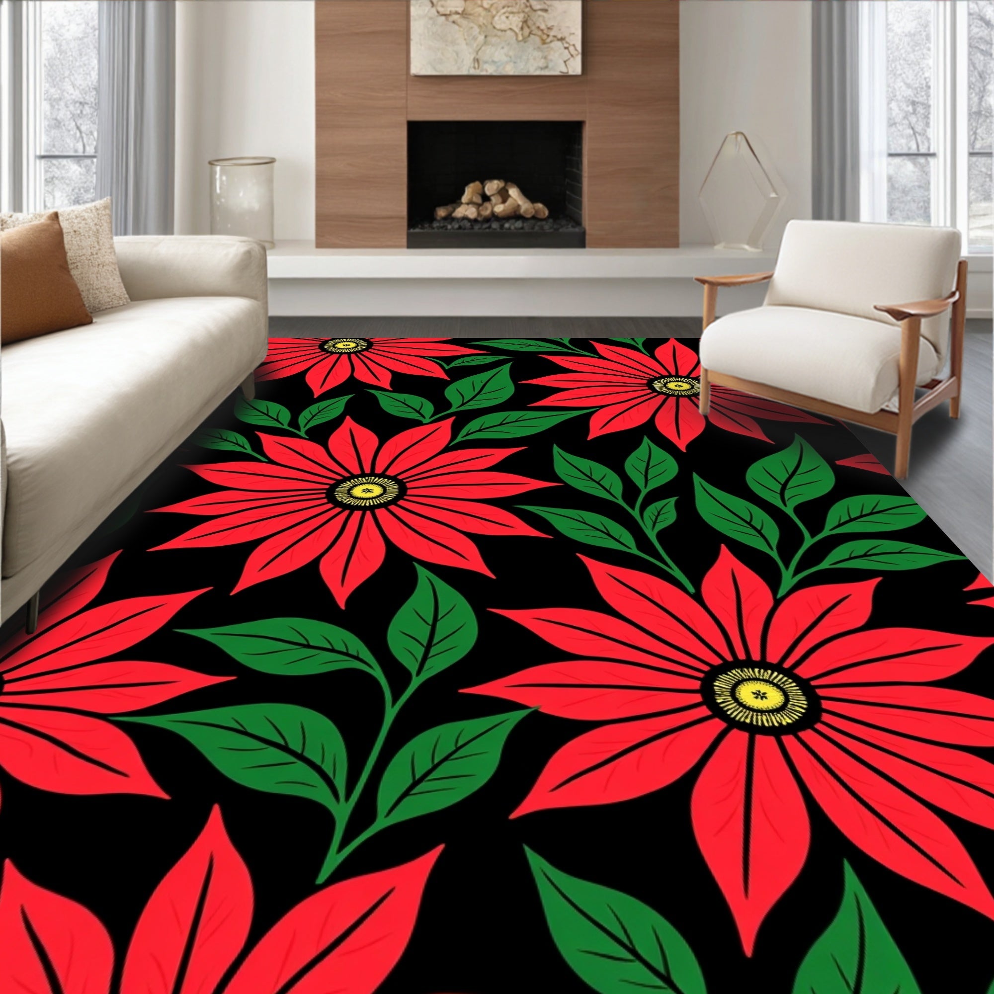 Bold Red Star Flower Foliage Rug