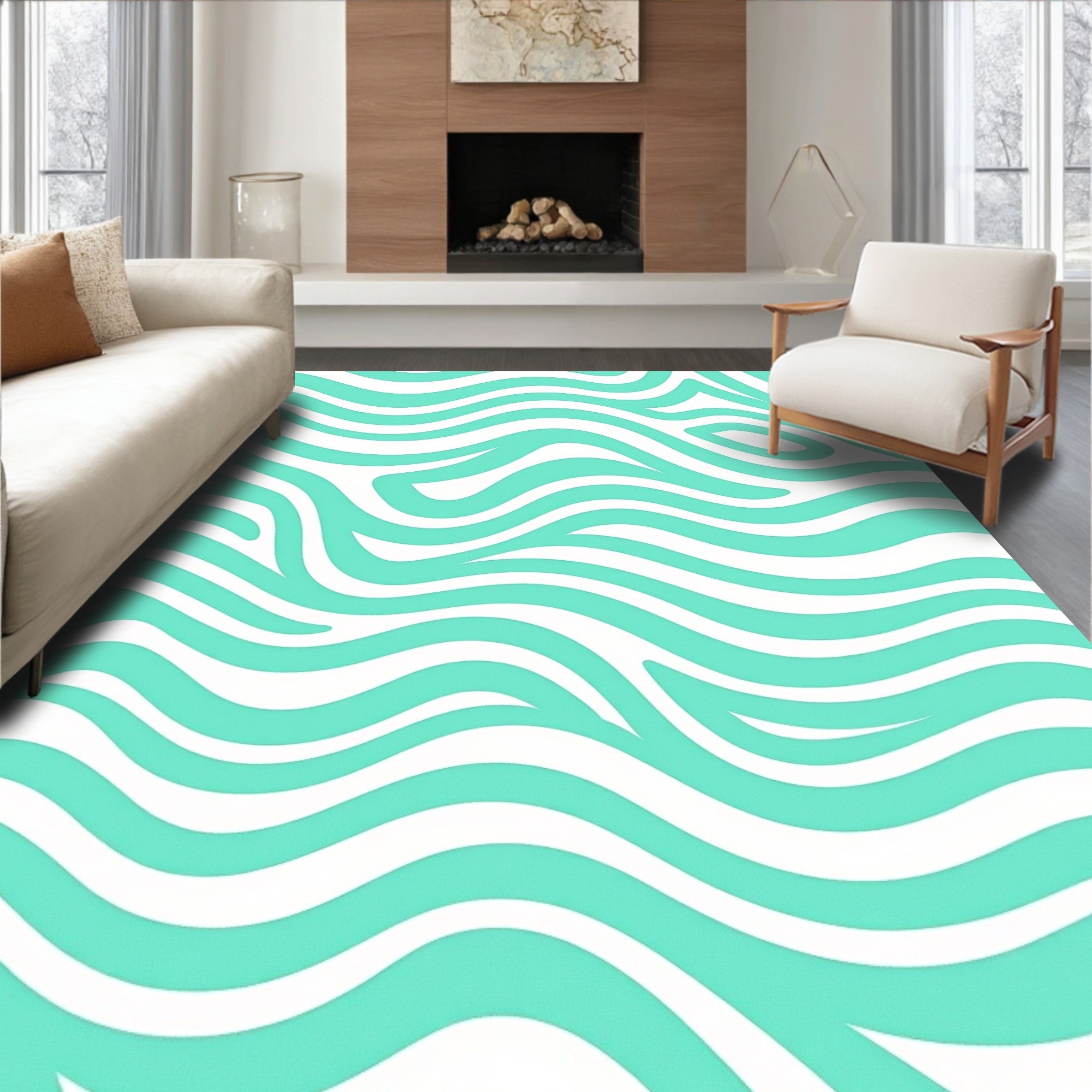 Abstract Aqua Wave Pattern Rug