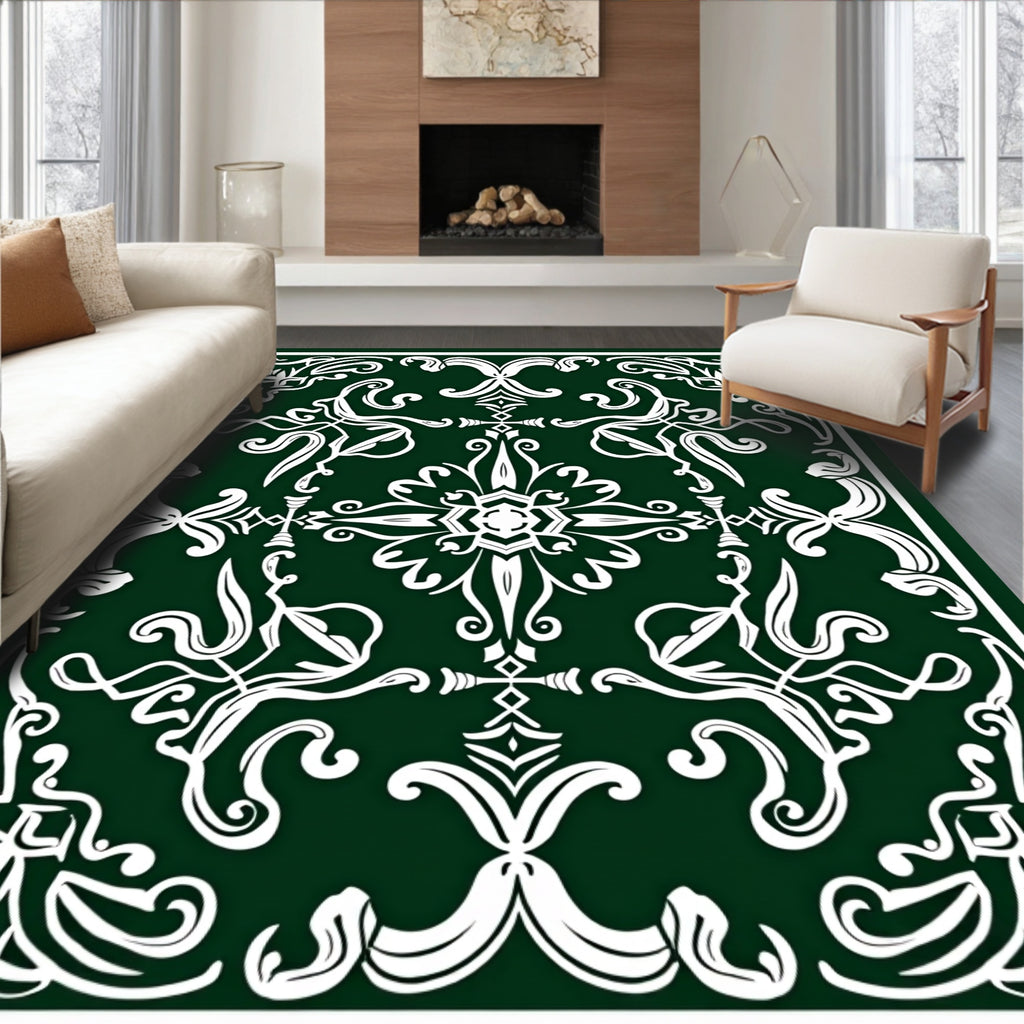 Classic Scrollwork Dark Green White Pattern Rug