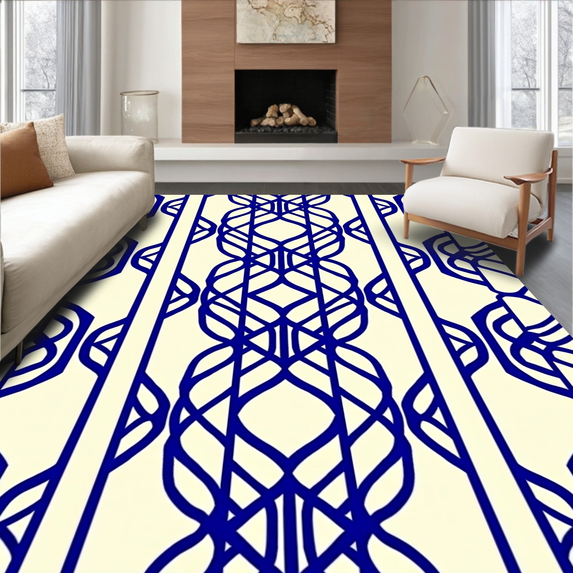 Blue Interlocking Vine Geometric Pattern Rug