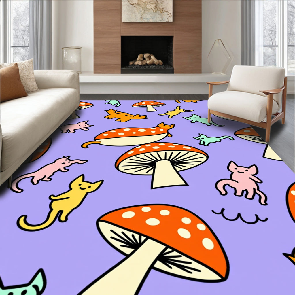 Whimsical Orange Mushroom Cat Pattern Rug