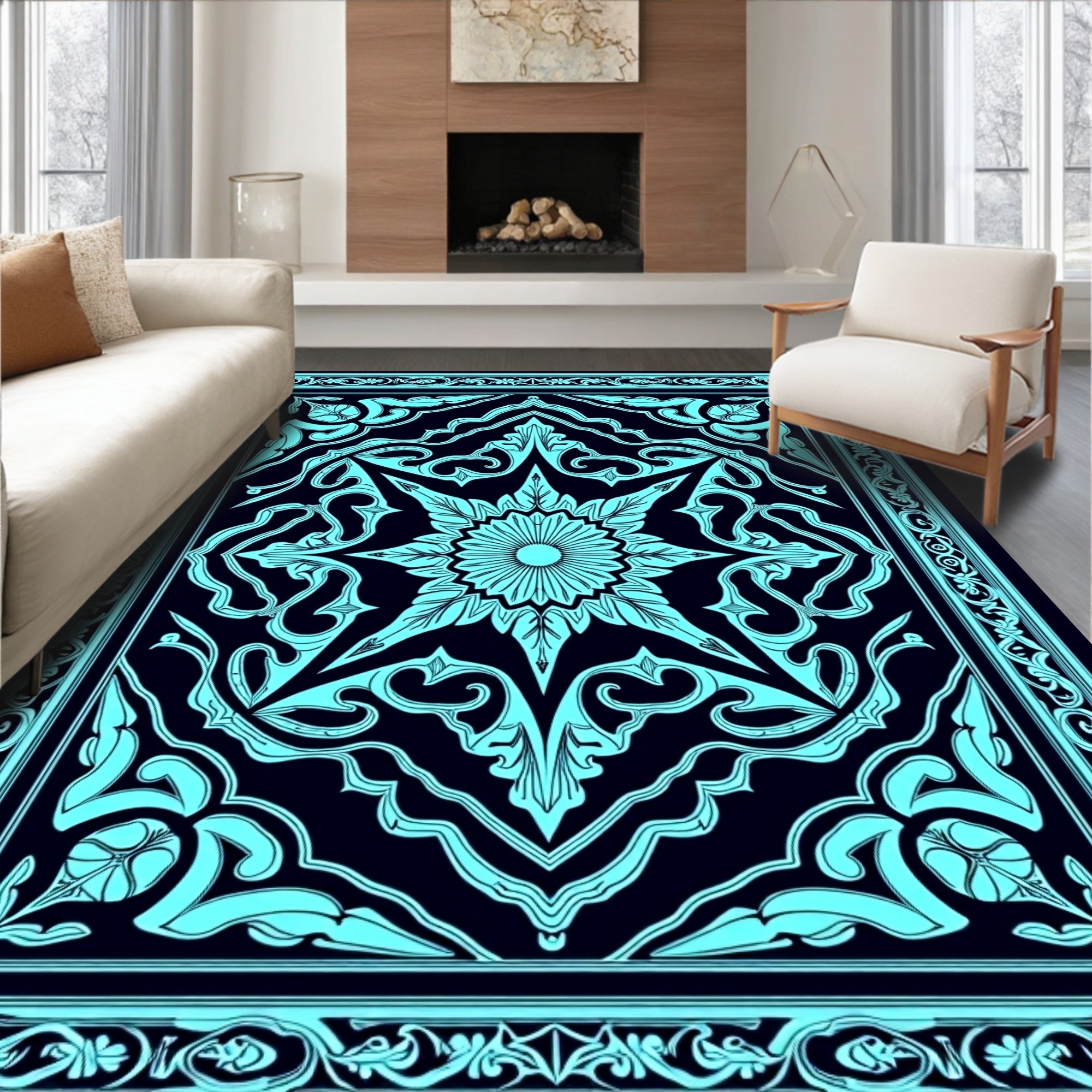 Elaborate Turquoise Floral Mandalic Design Rug