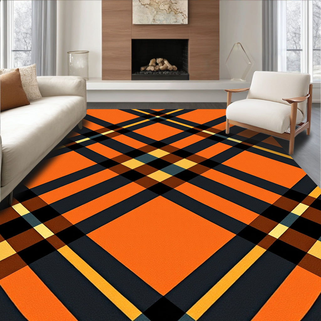 Bold Orange Gray Plaid Pattern Rug