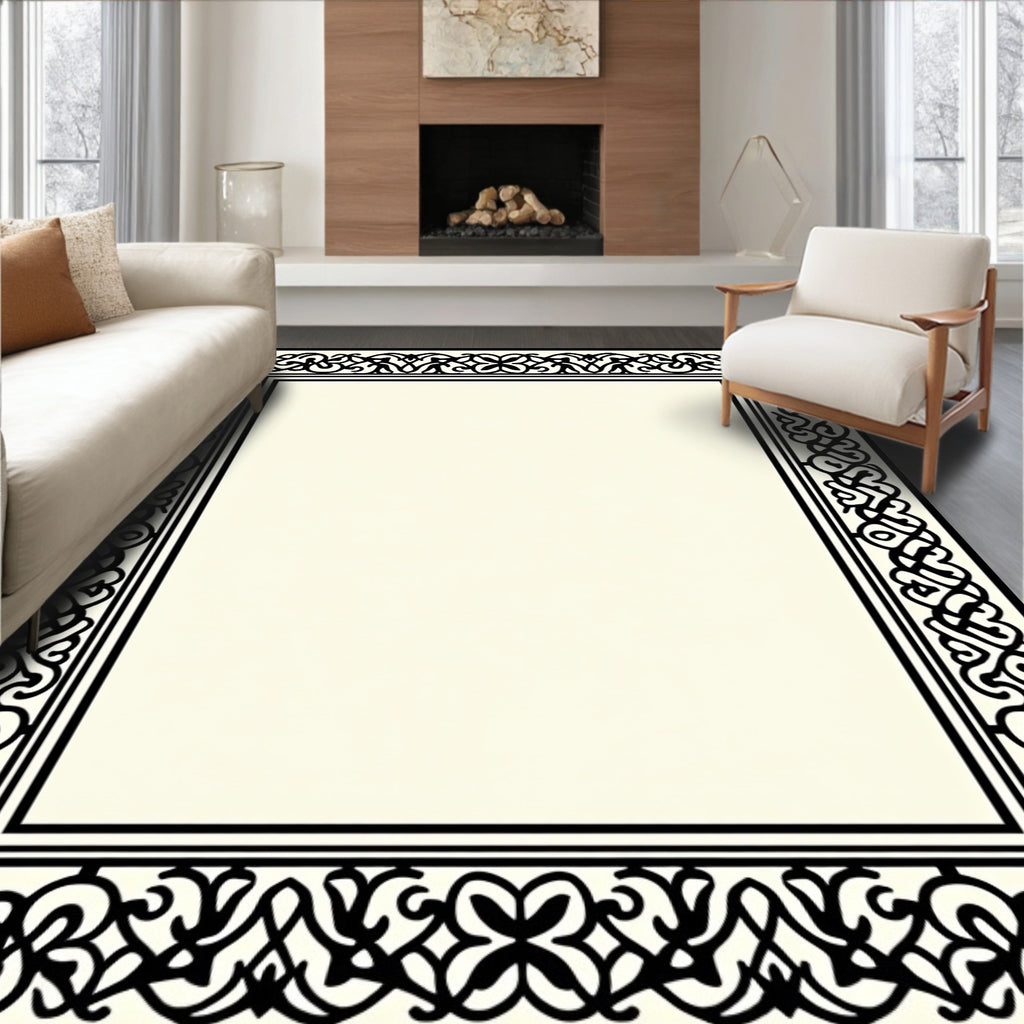Ornate Black Cream Scrollwork Rug