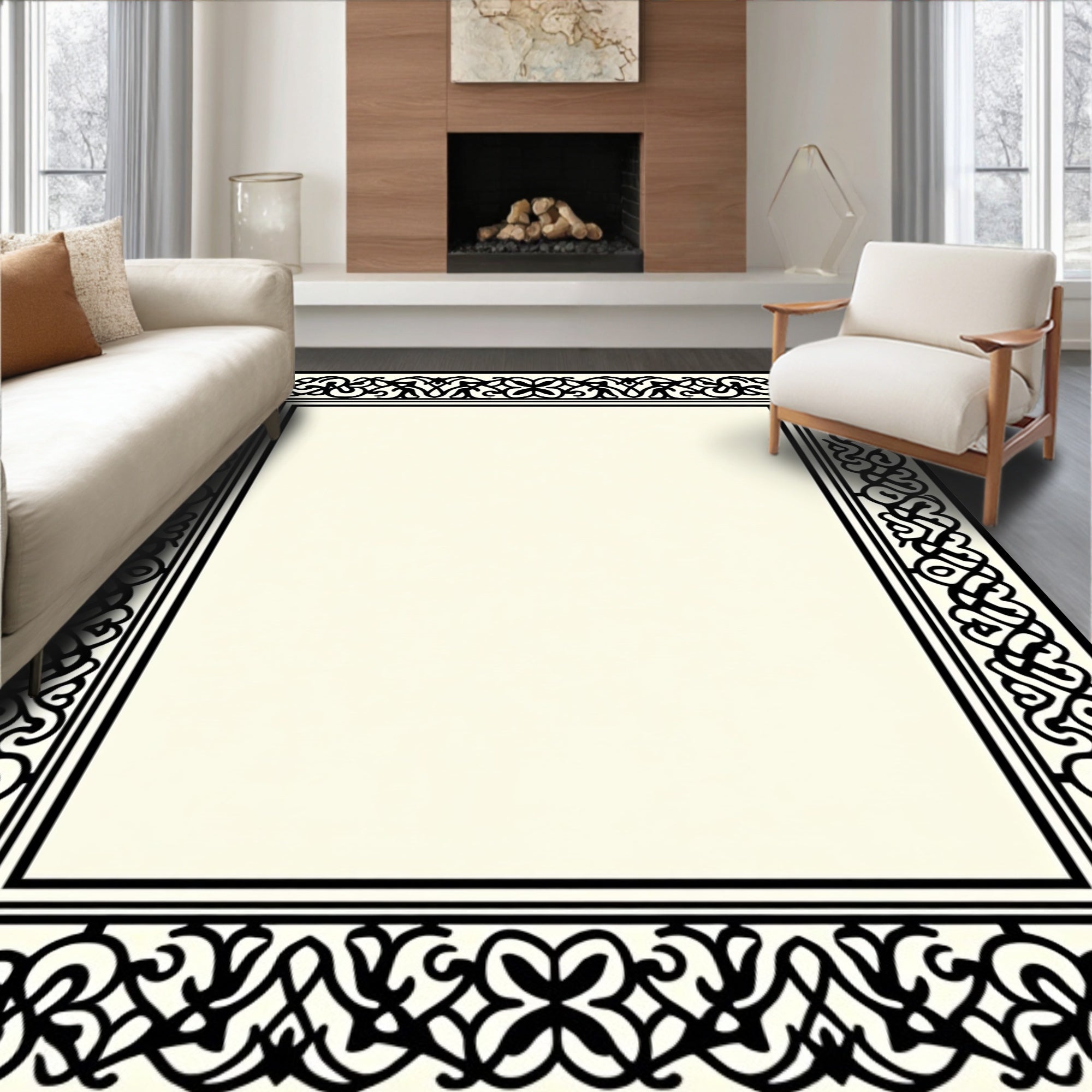 Ornate Black Cream Scrollwork Rug