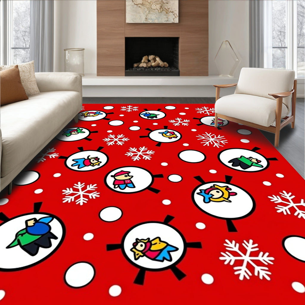Whimsical Festive Characters and Snowflakes Rug
