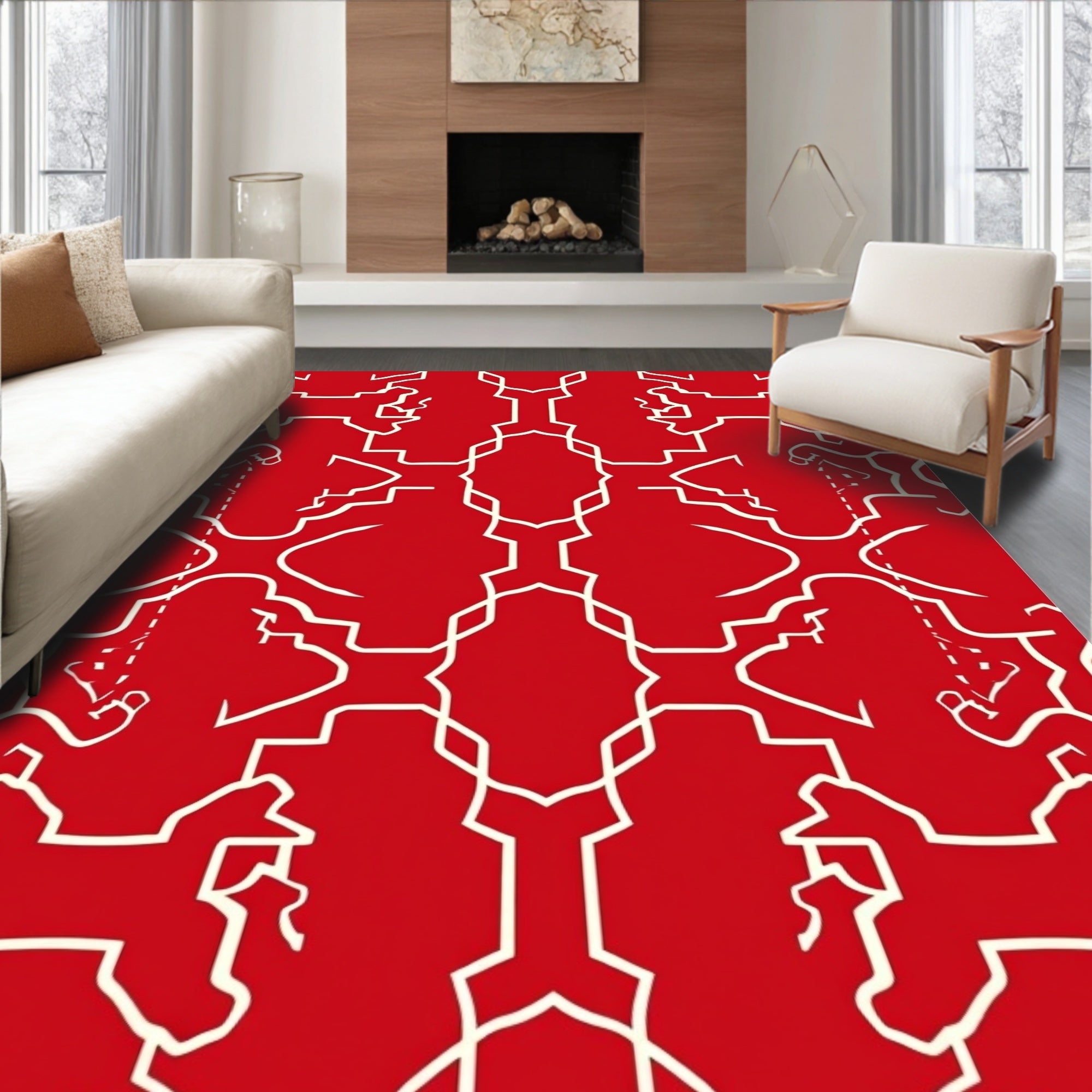 Bold Red White Interlocking Pattern Rug