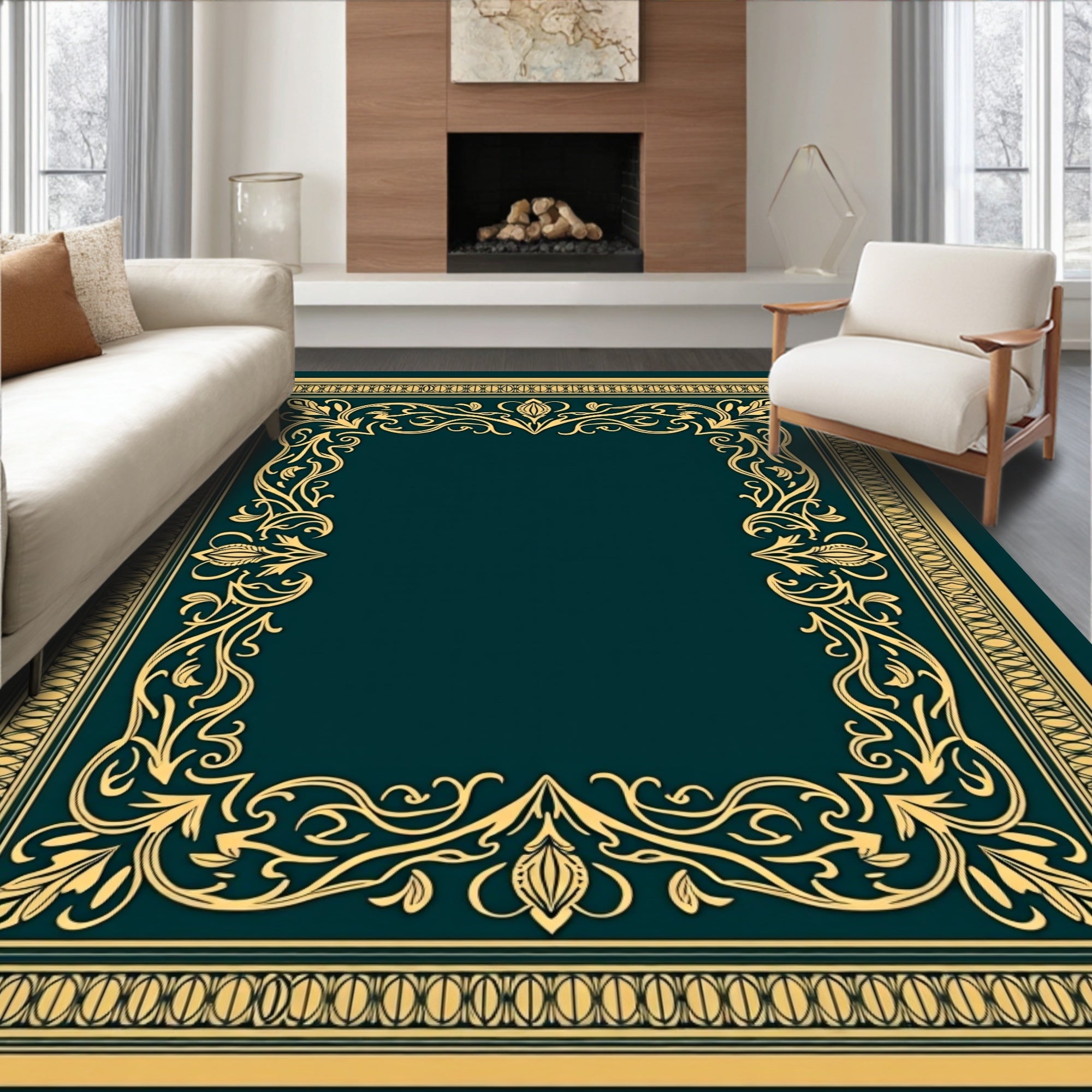 Elegant Gold Flourish Border Design Rug