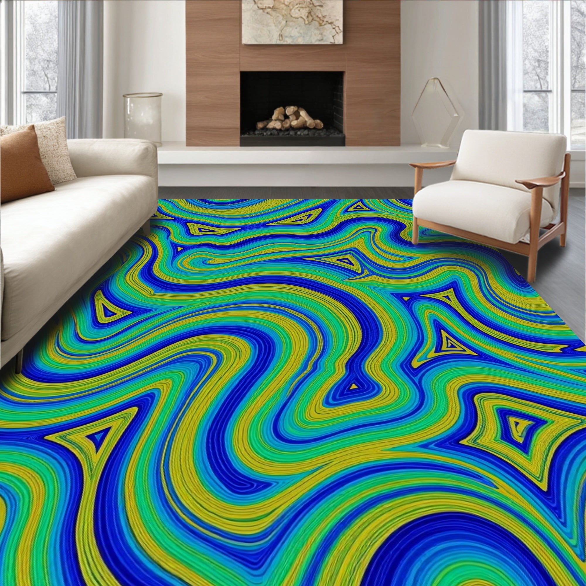 Abstract Wavy Triangles Aqua Blue Rug