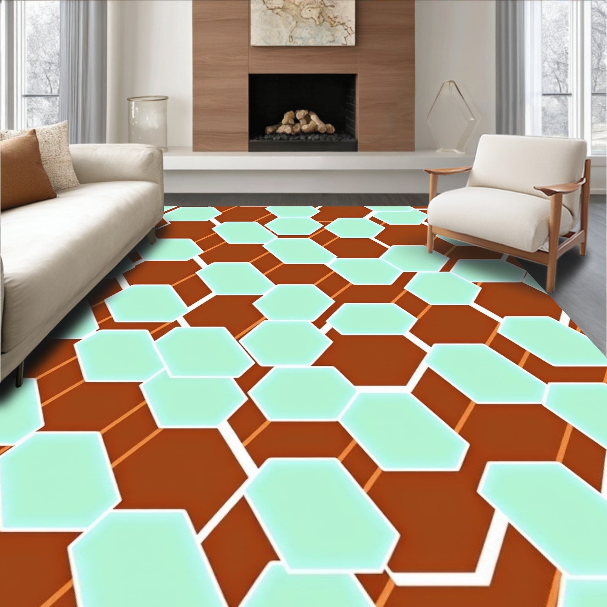 Modern Hexagonal Mint Geometric Pattern Rug