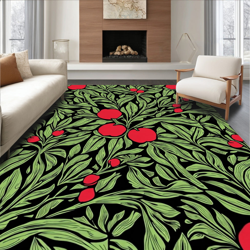 Red Apples Green Leaves Pattern Rug