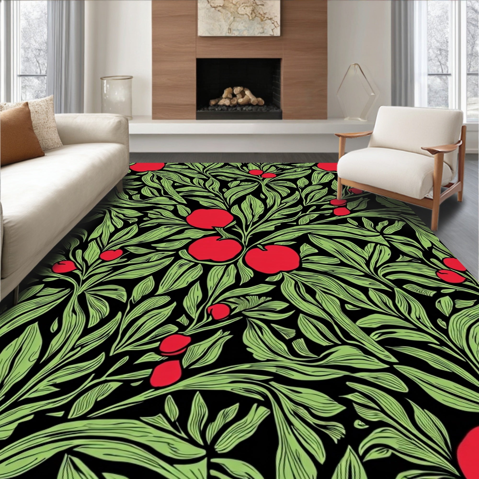 Red Apples Green Leaves Pattern Rug