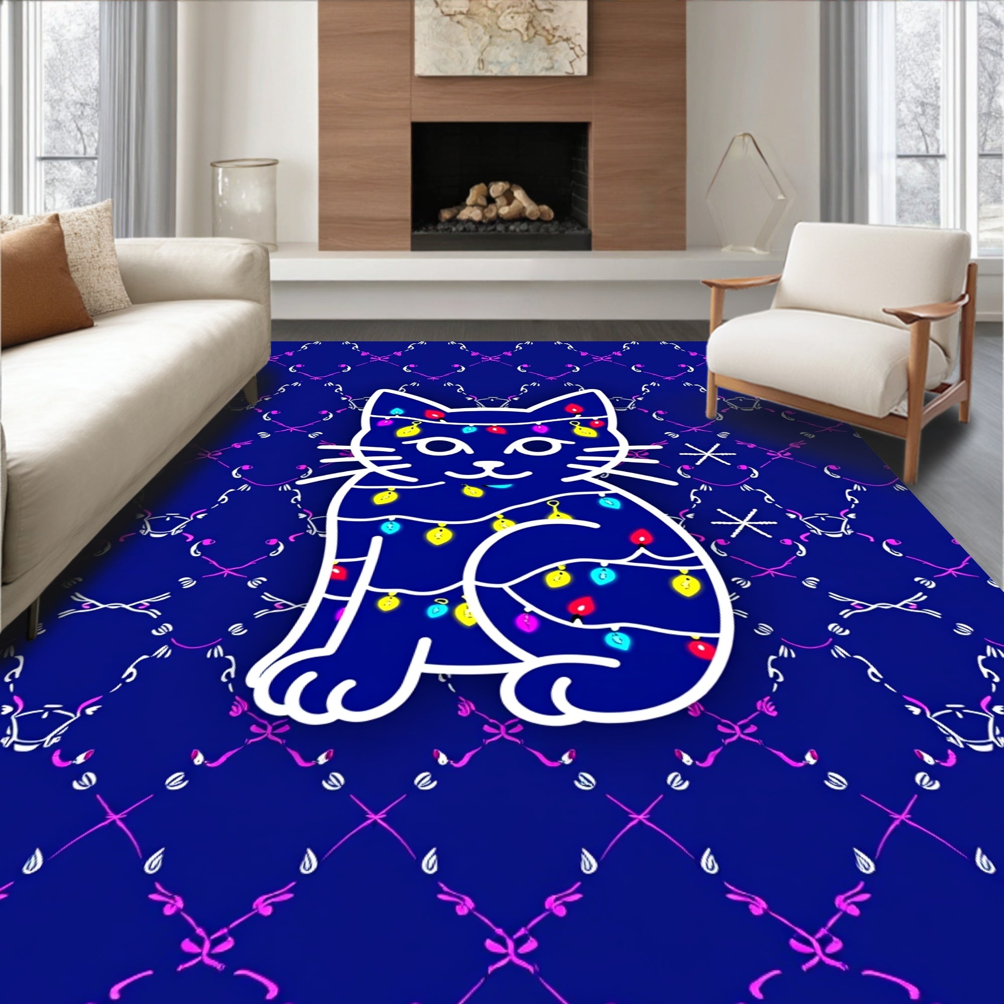 Cute Cat String Lights Pattern Rug
