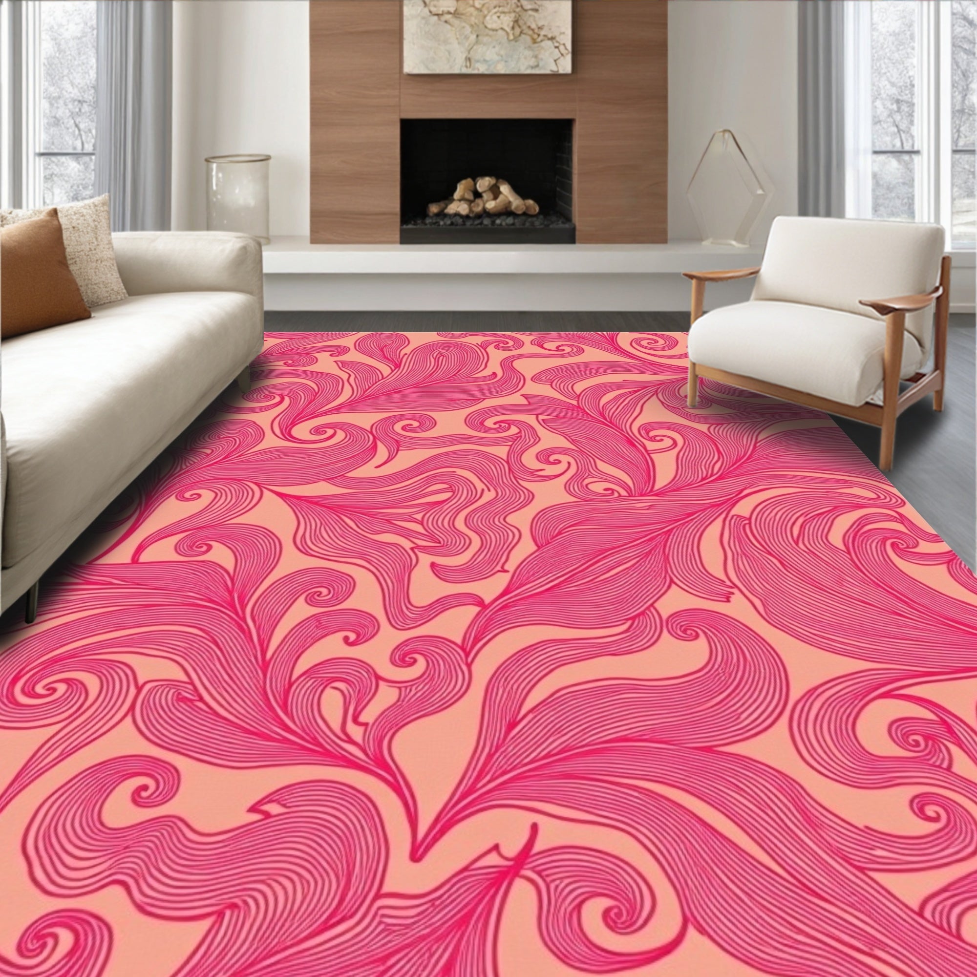Vibrant Pink Swirl Floral Pattern Rug