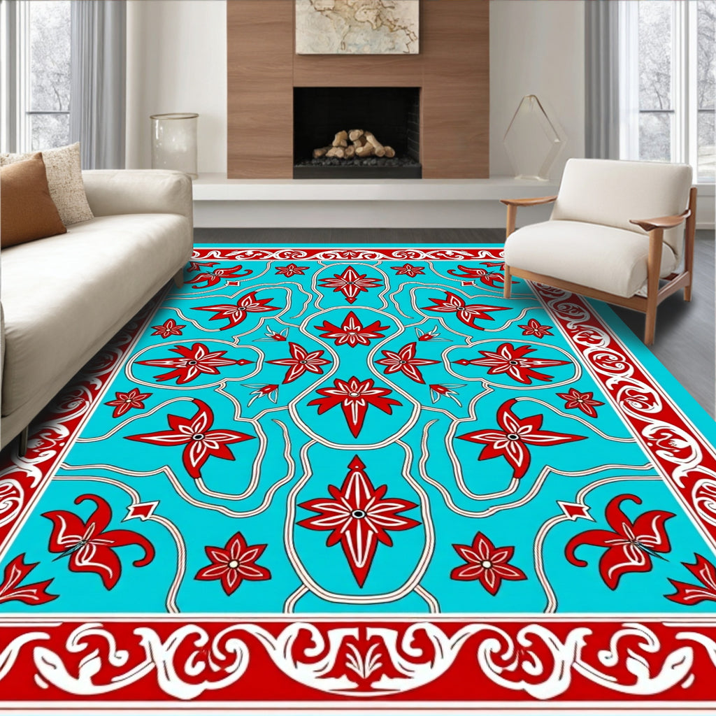 Turquoise Red Floral Medallion Border Rug