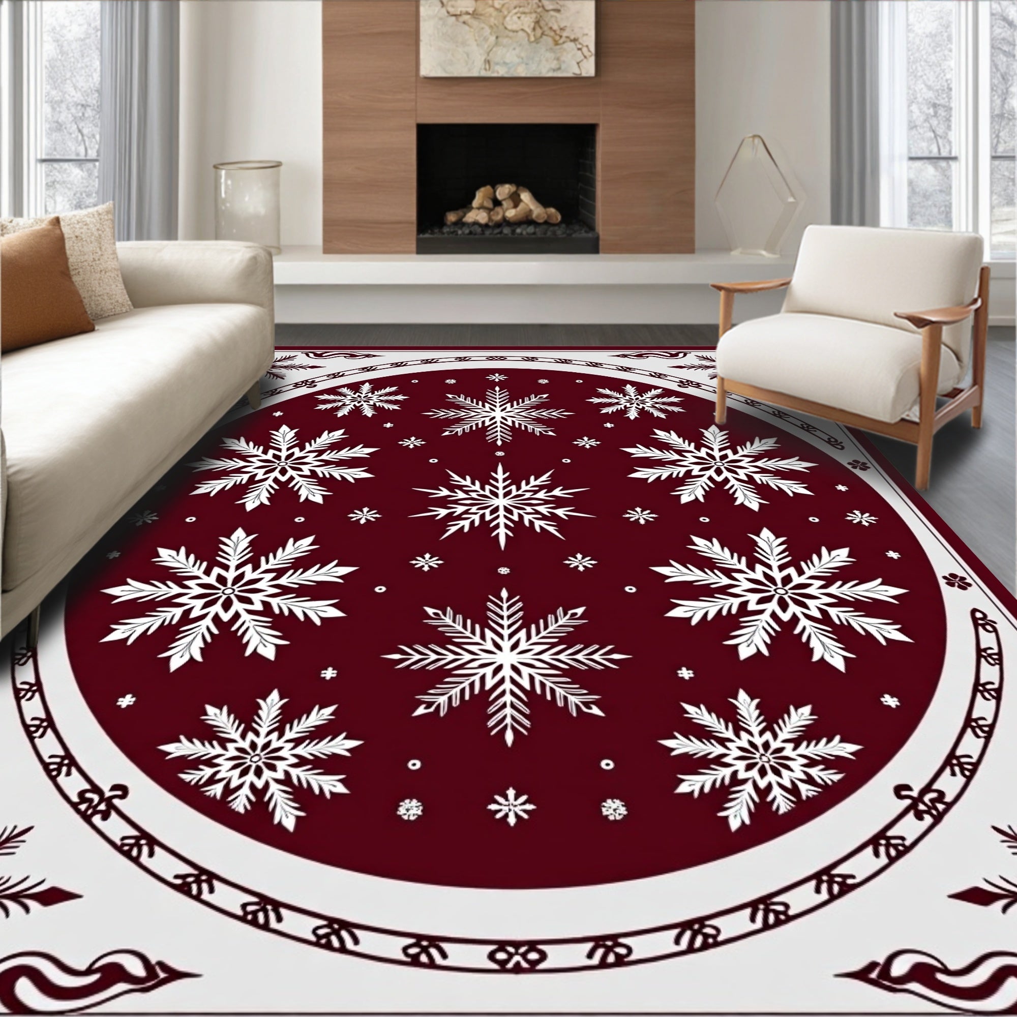Crimson White Snowflake Mandala Design Rug