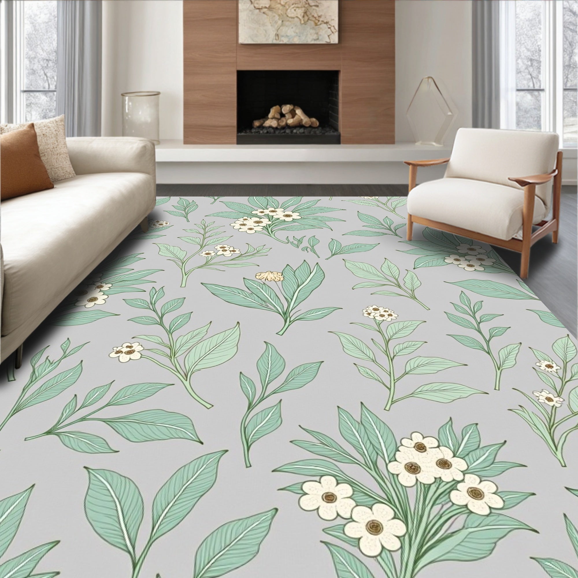 Botanical Spring Floral Leaves Design Rug