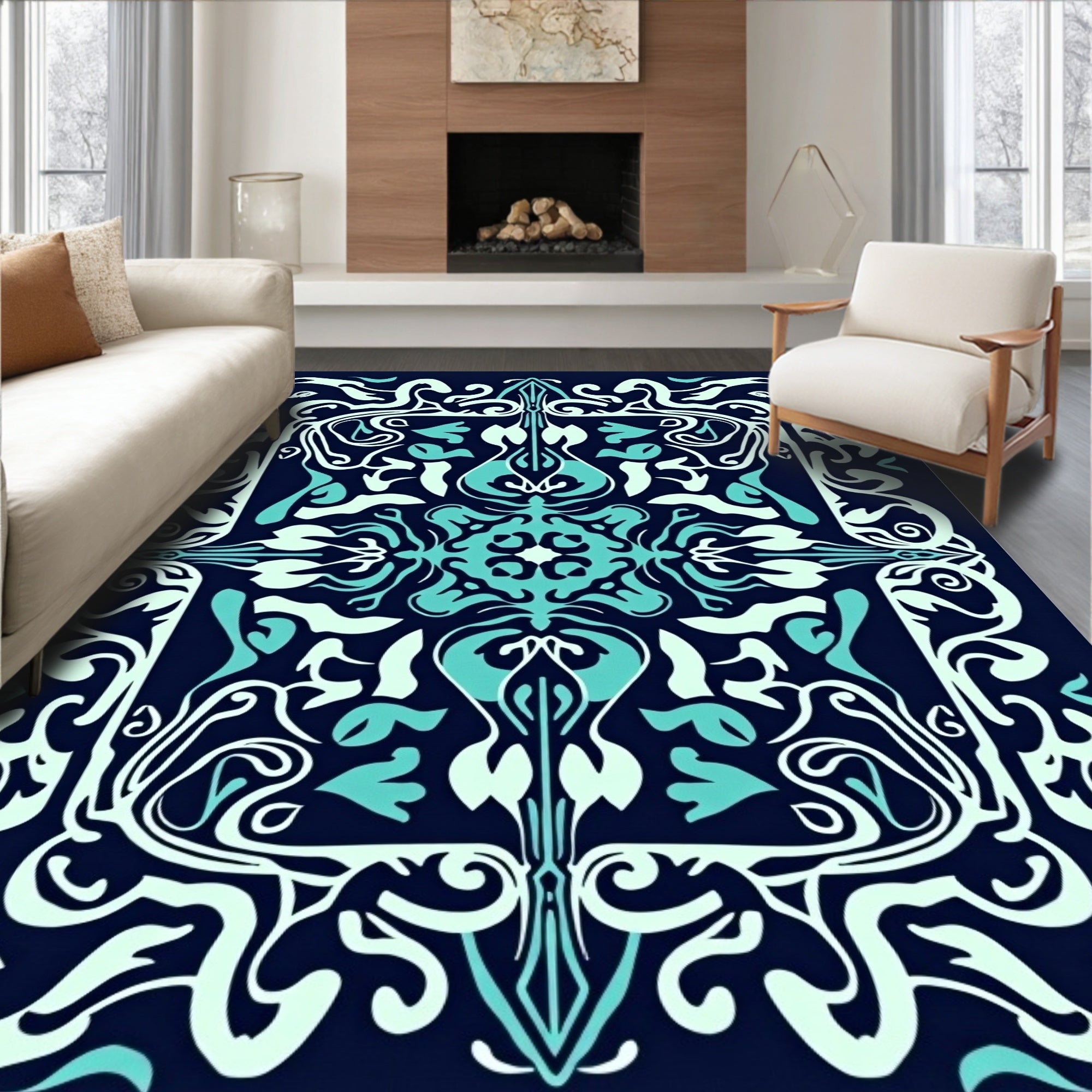Vintage Aqua Teal White Swirl Rug