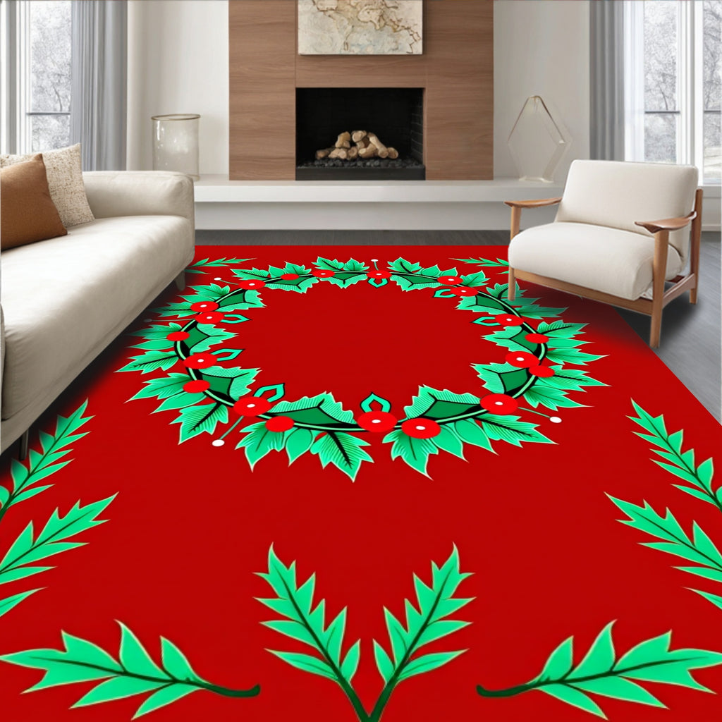 Festive Holly Berry Wreath Pattern Rug