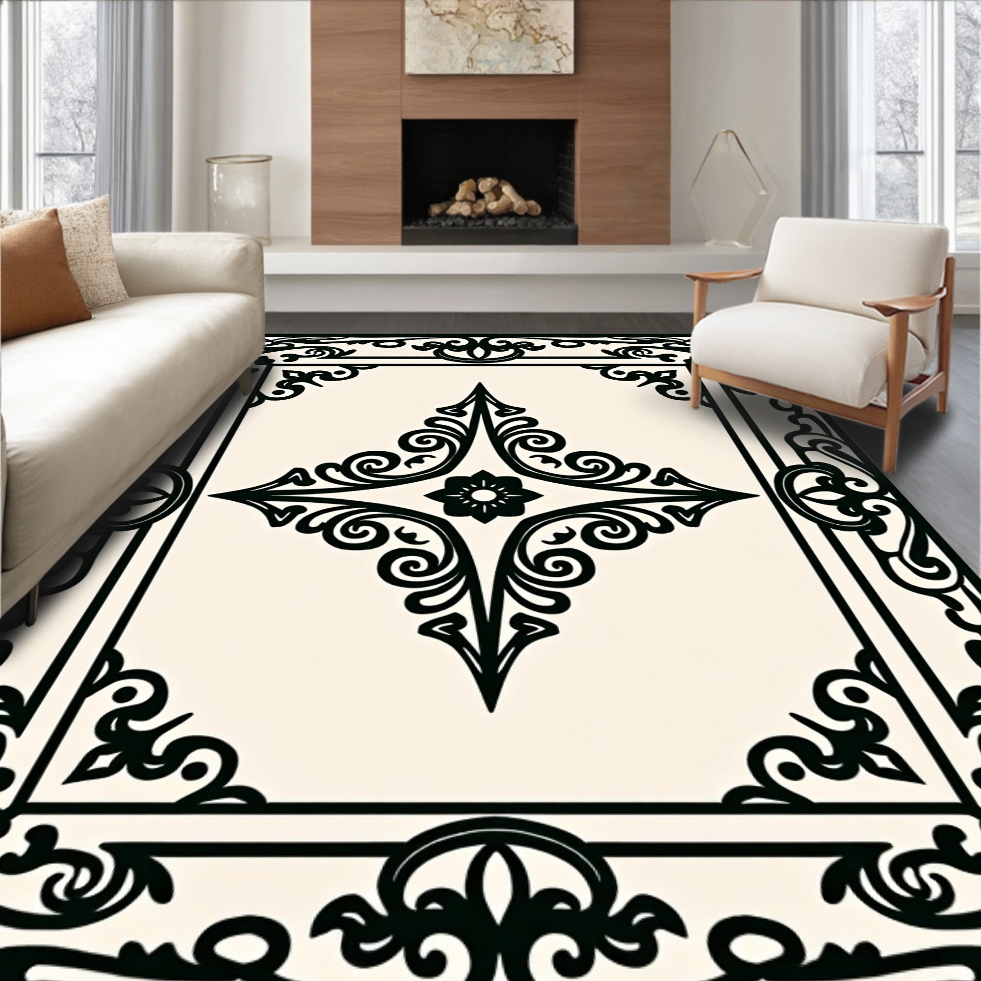 Ornate Black Cream Floral Medallion Rug