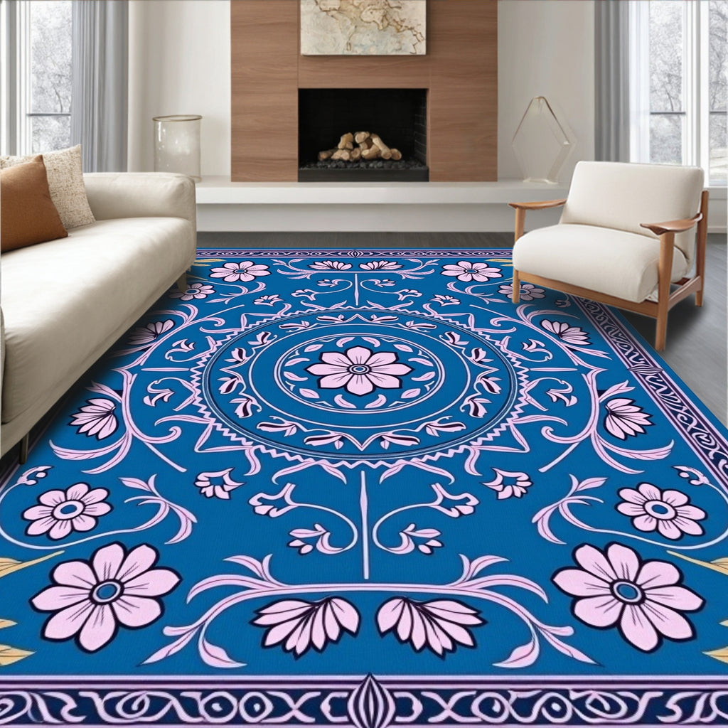 Floral Medallion Patterned Teal Rug