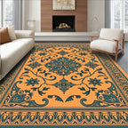 Orange Teal Floral Medallion Pattern Rug