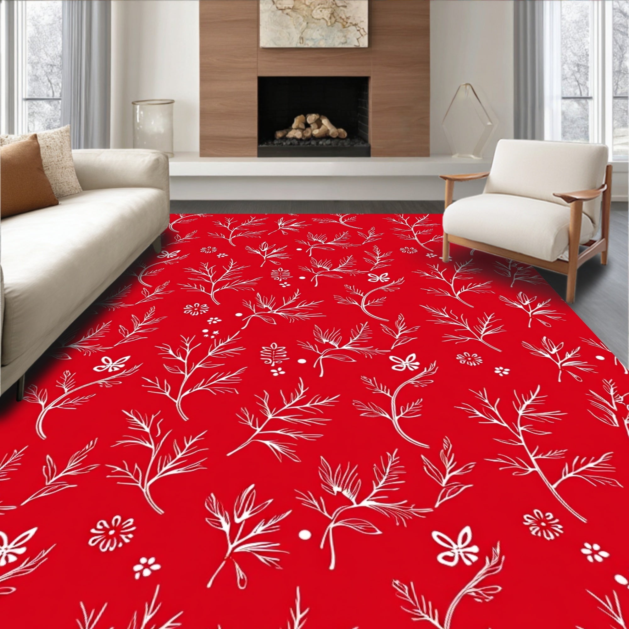 Delicate Floral Branches White on Red Rug