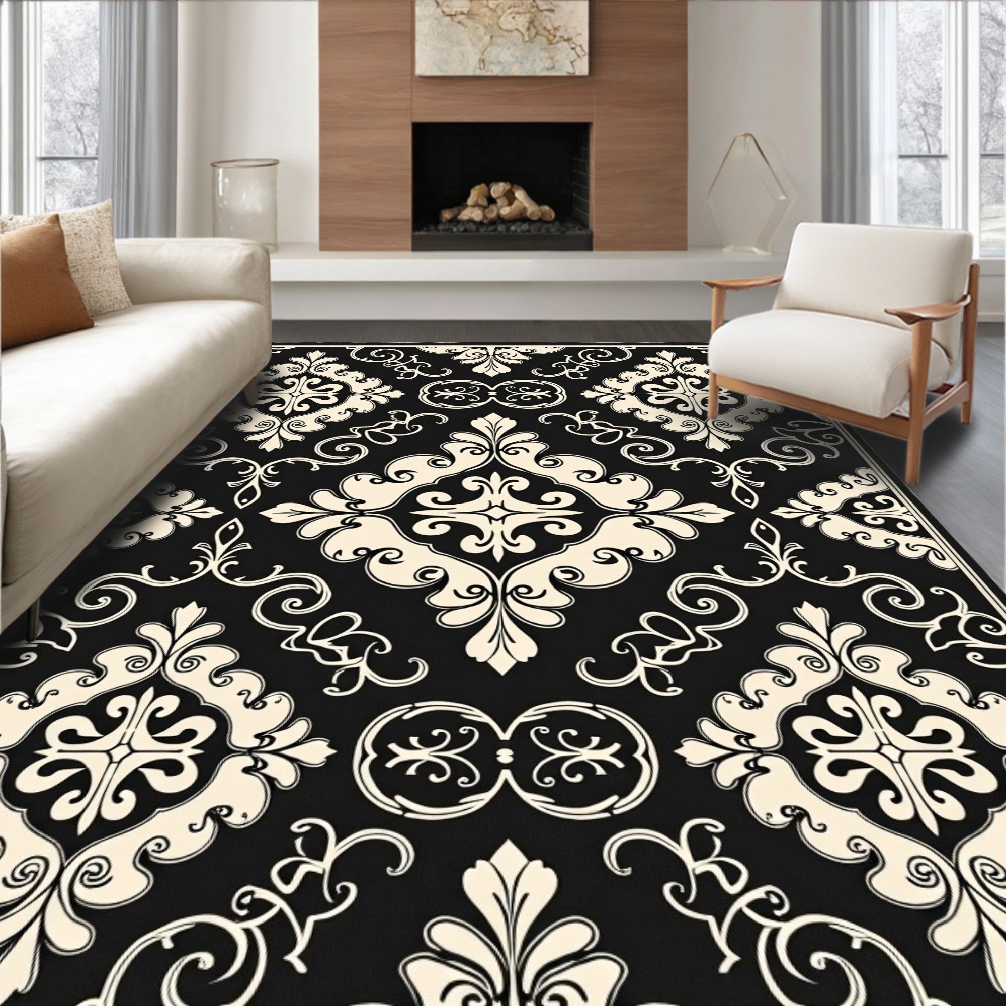 Black Beige Damask Pattern Rug
