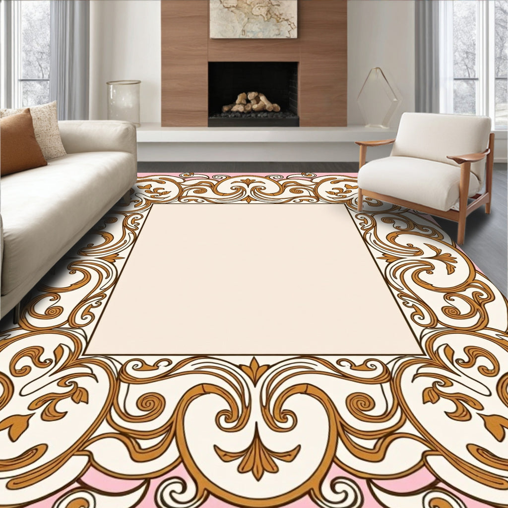 Vintage Pink Gold Filigree Scroll Rug