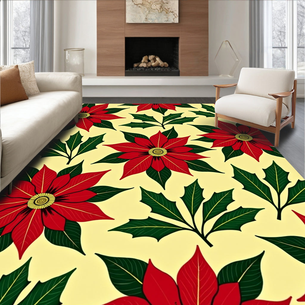 Bold Red Floral Holly Pattern Rug