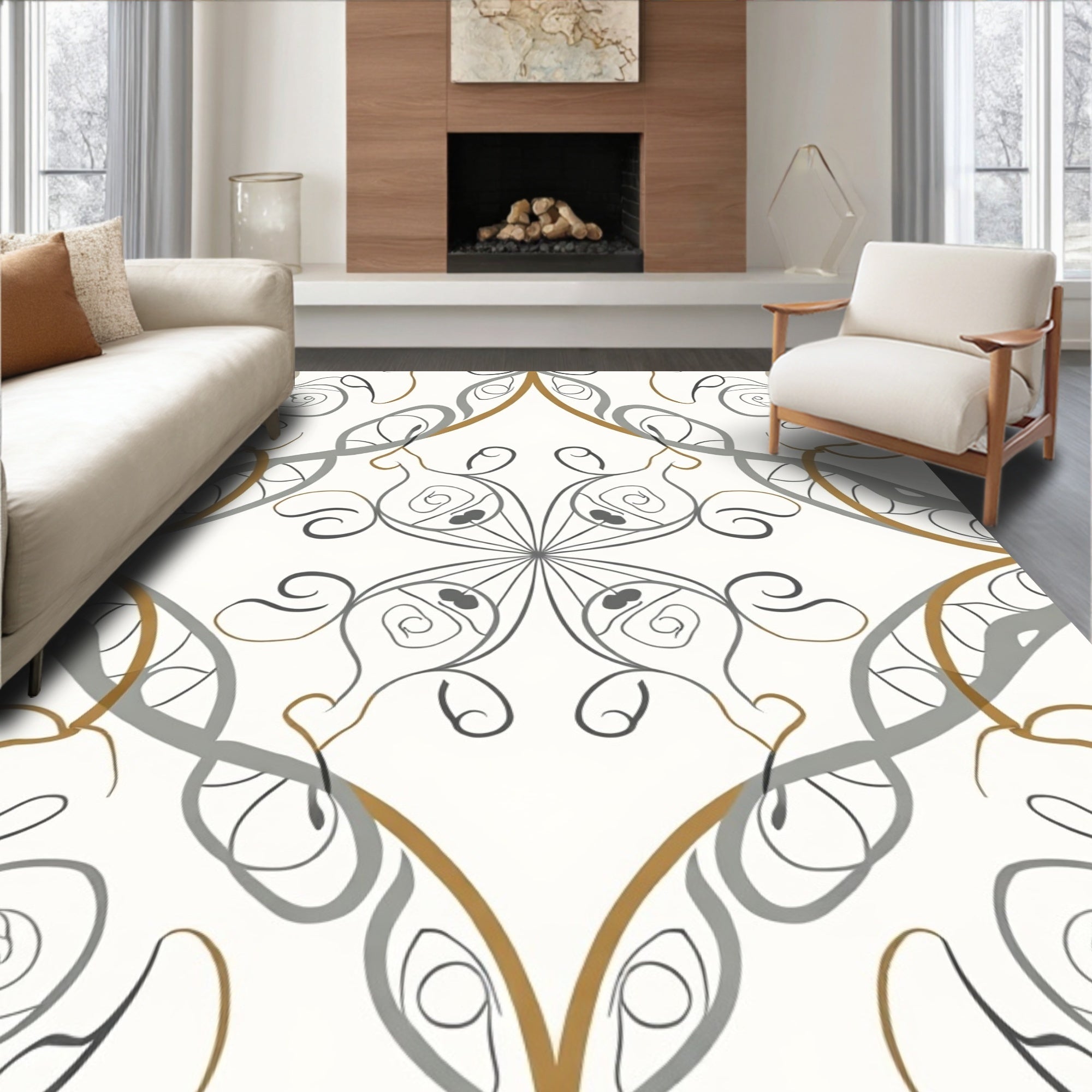 Subtle Gray Gold Swirl Motif Rug