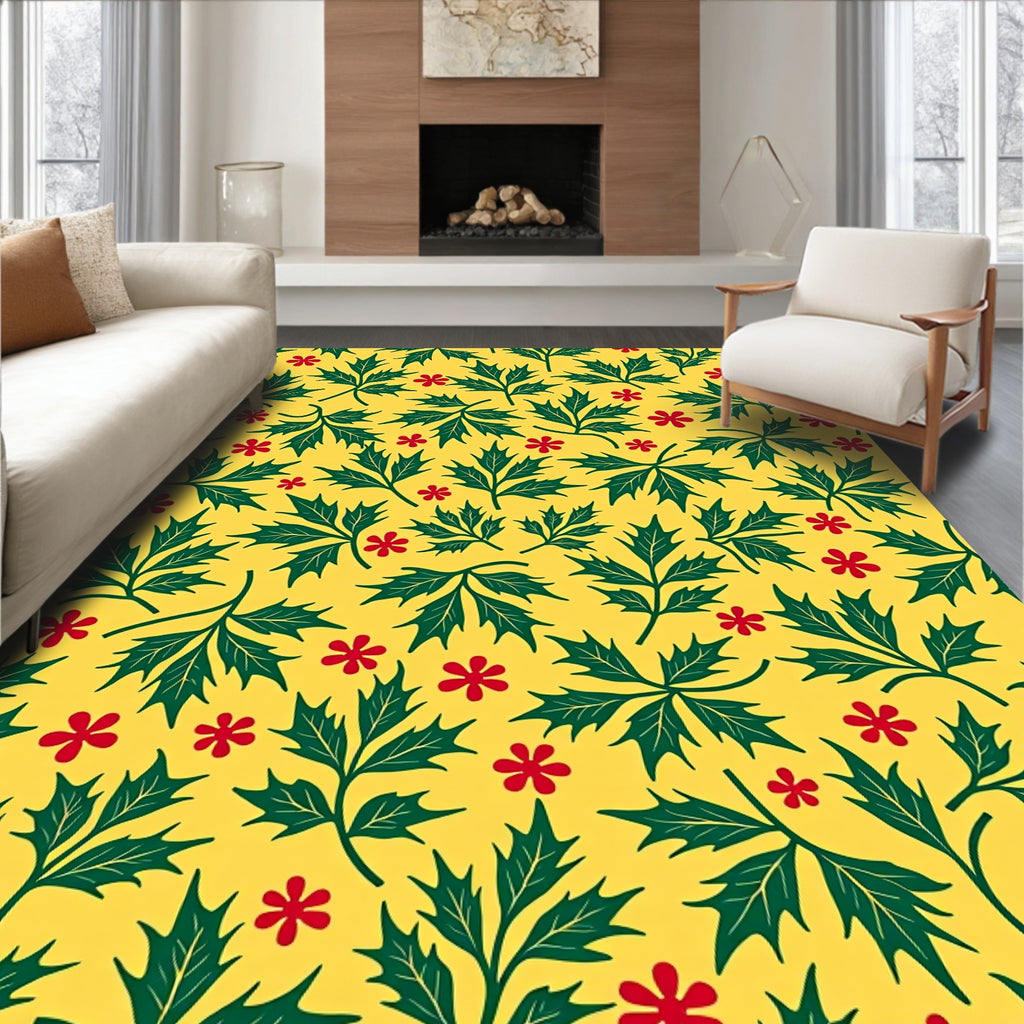 Green Leaf Red Flower Pattern Rug