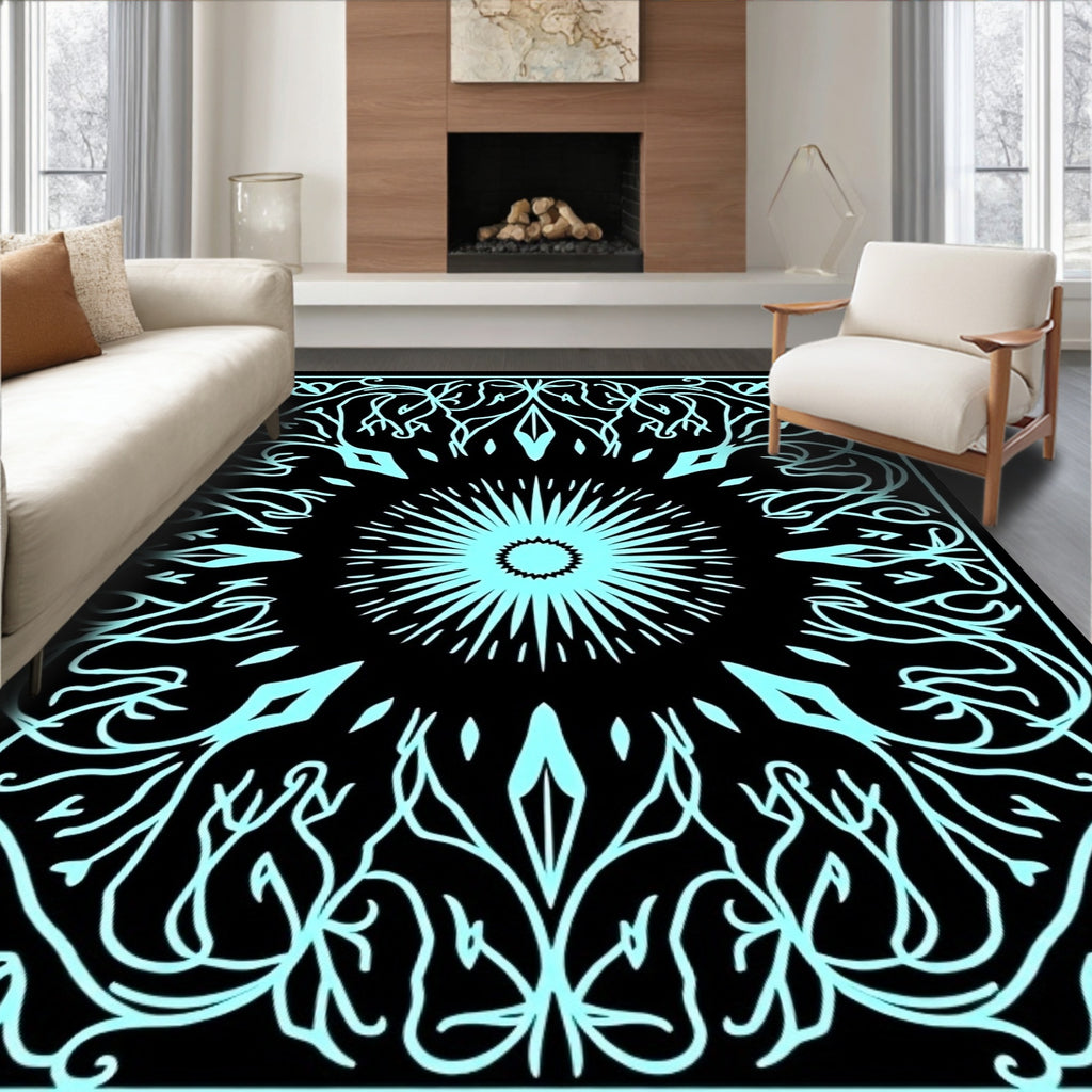 Cyan Abstract Symmetric Floral Pattern Rug
