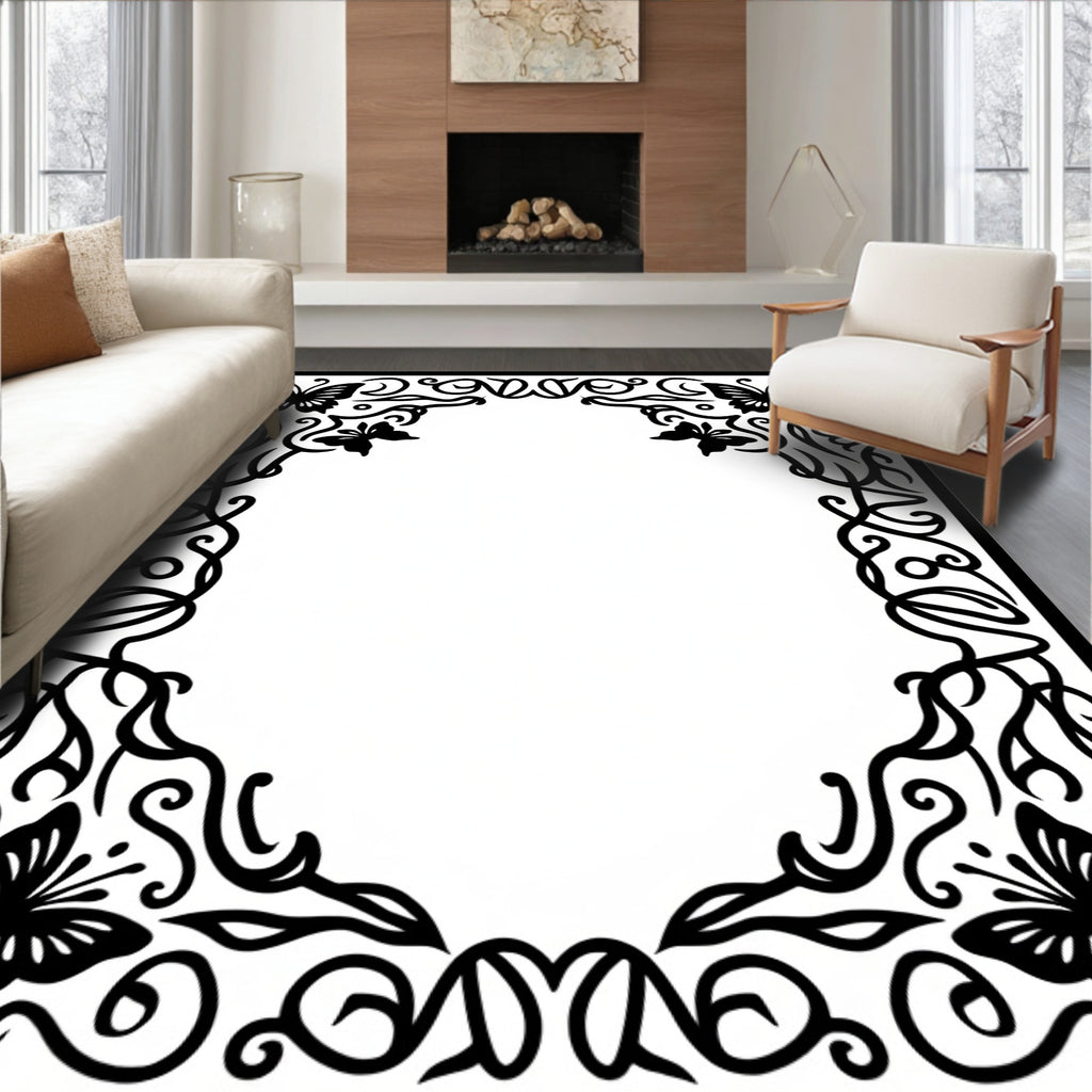Delicate Botanical Butterfly Scrollwork Rug