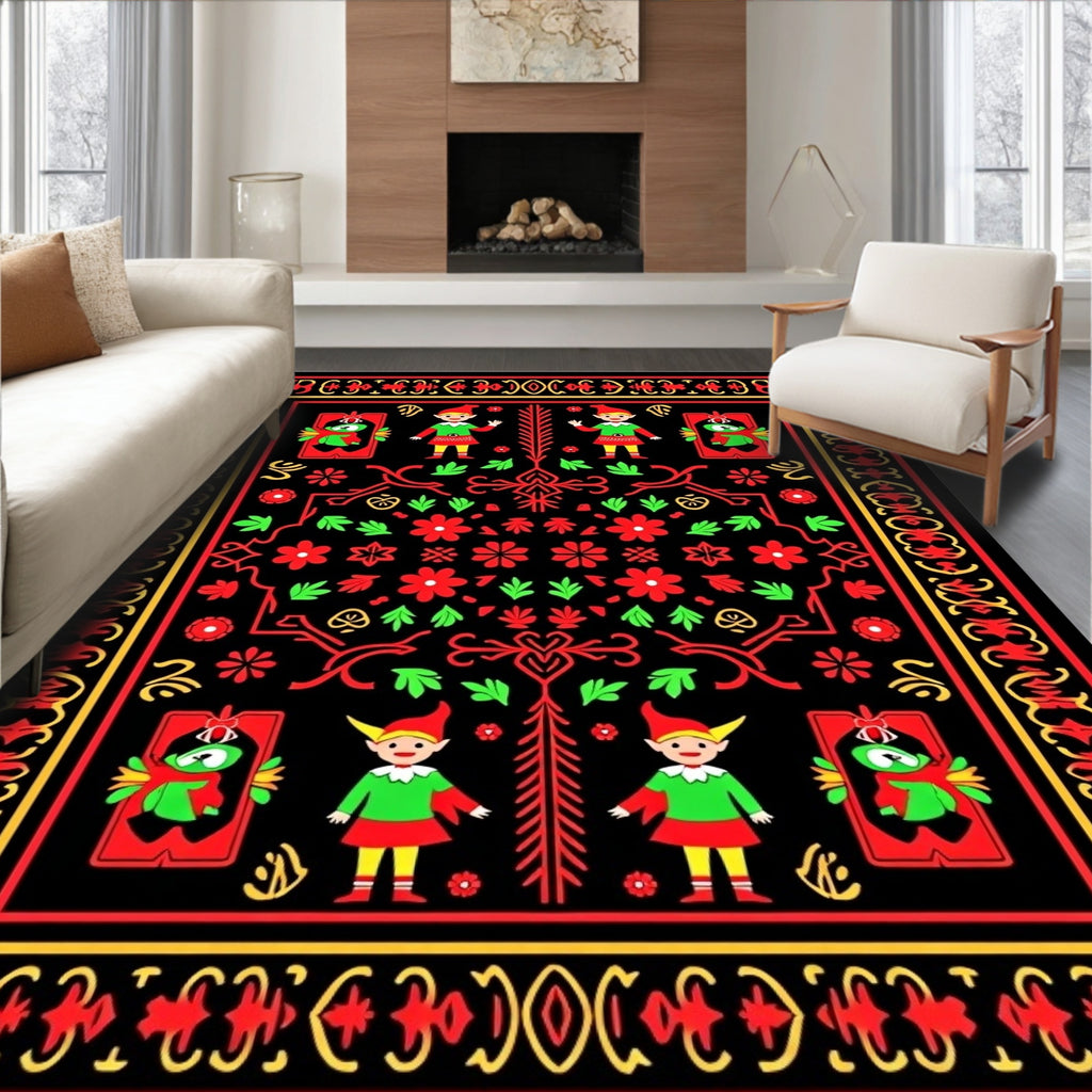 Red Black Elf Floral Border Rug