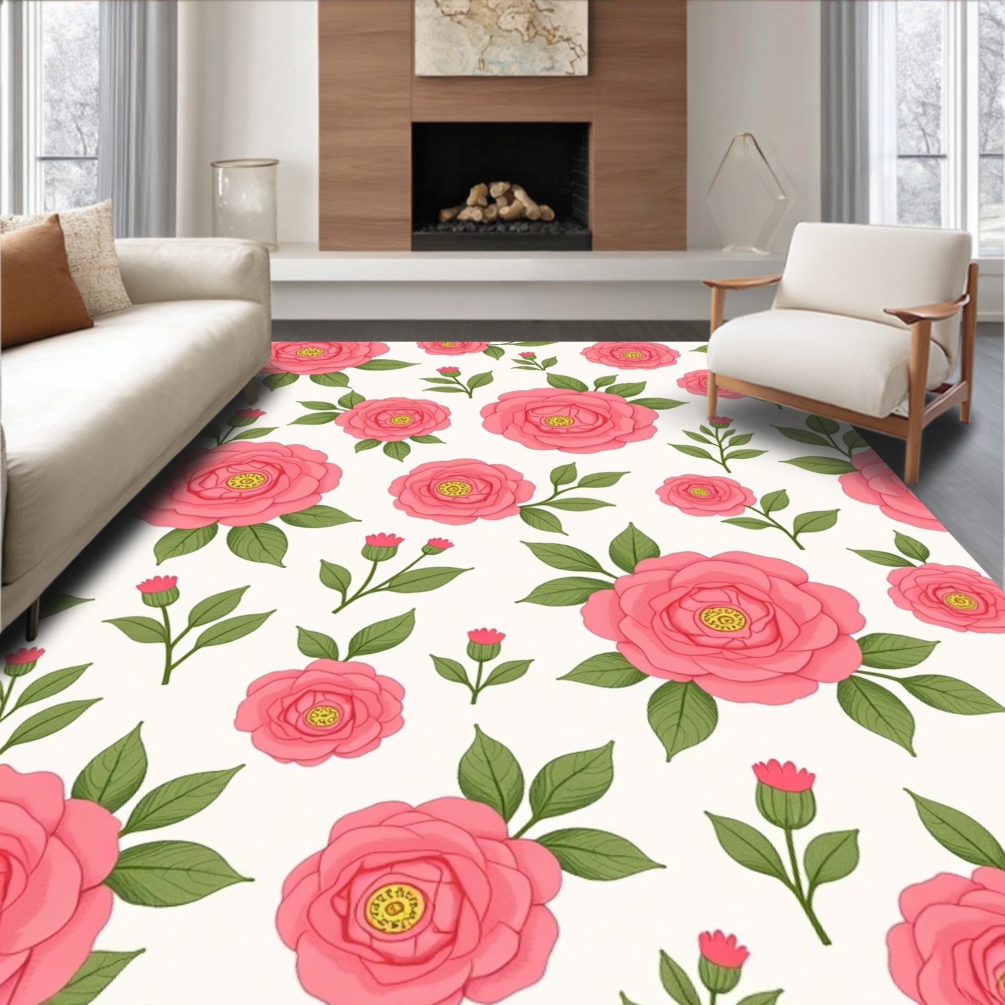 Pink Floral Nature Pattern Rug