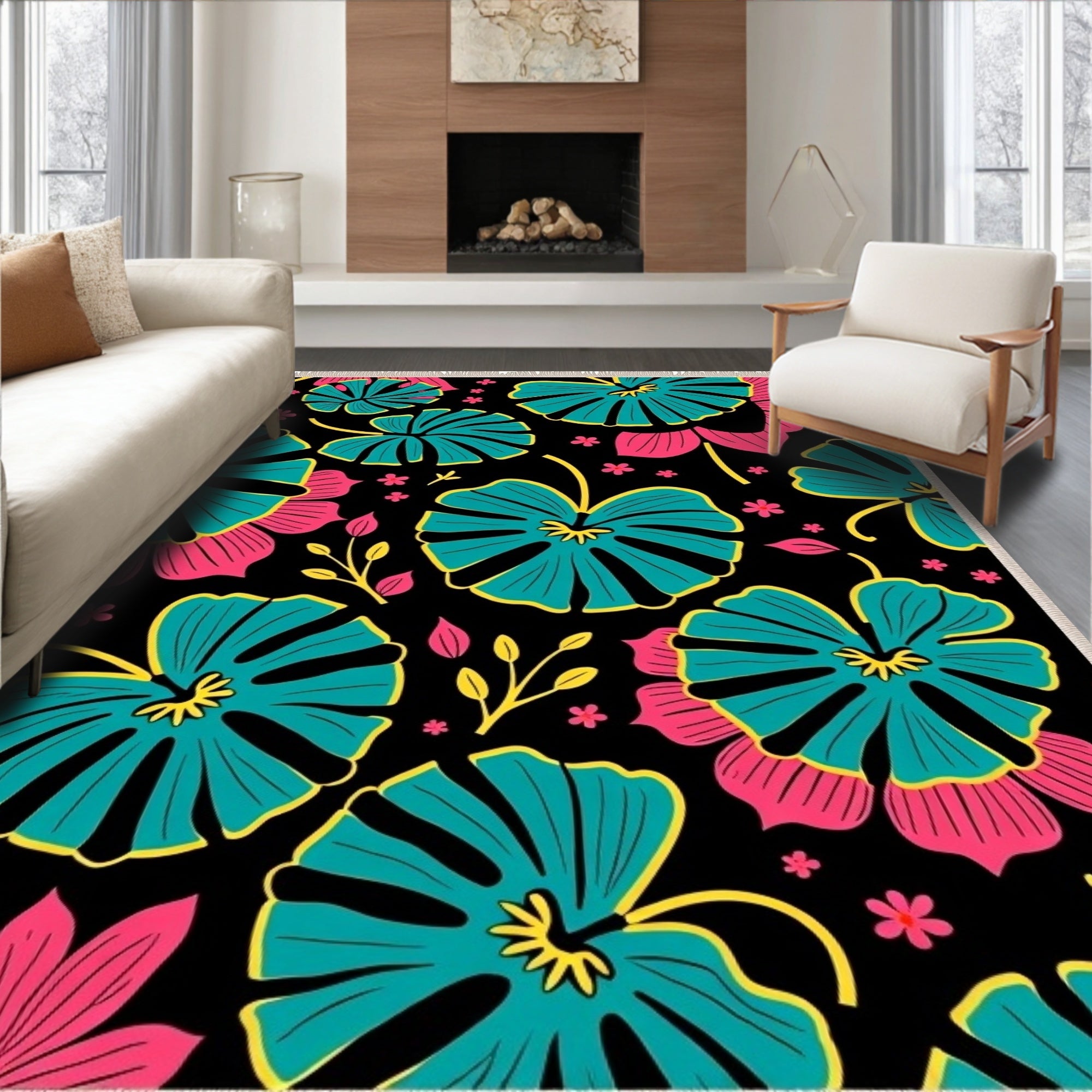 Vibrant Tropical Black Floral Rug