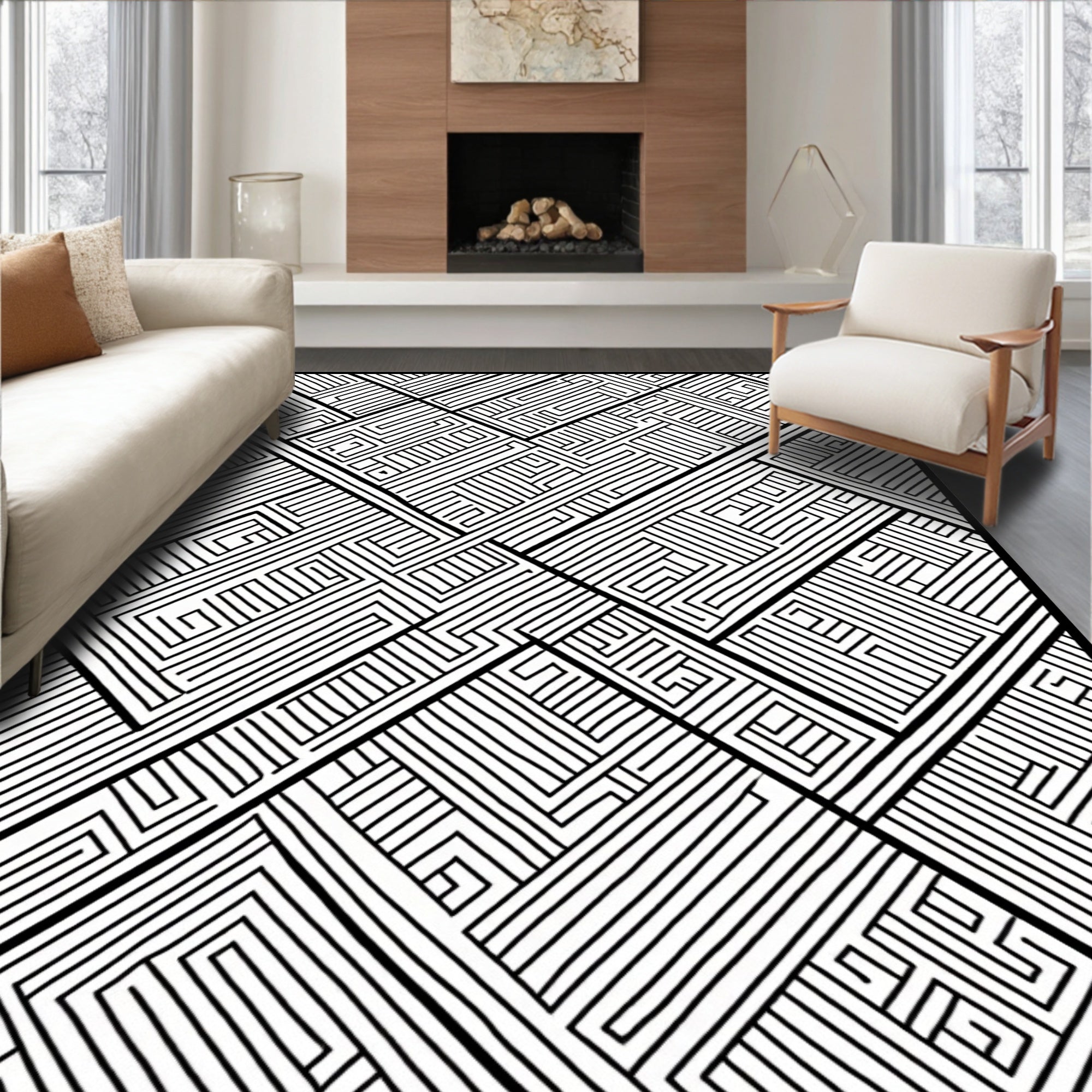 Intricate Black White Maze Pattern Rug