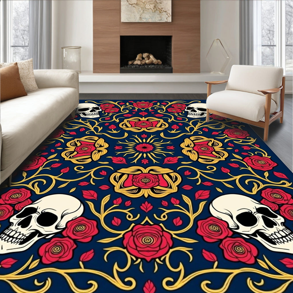 Gothic Skulls and Roses Pattern Rug