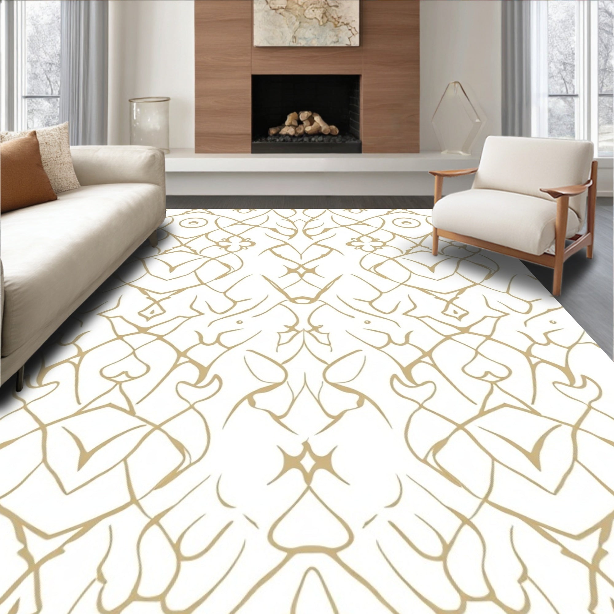 Golden Outline Intertwined Scroll Pattern Rug