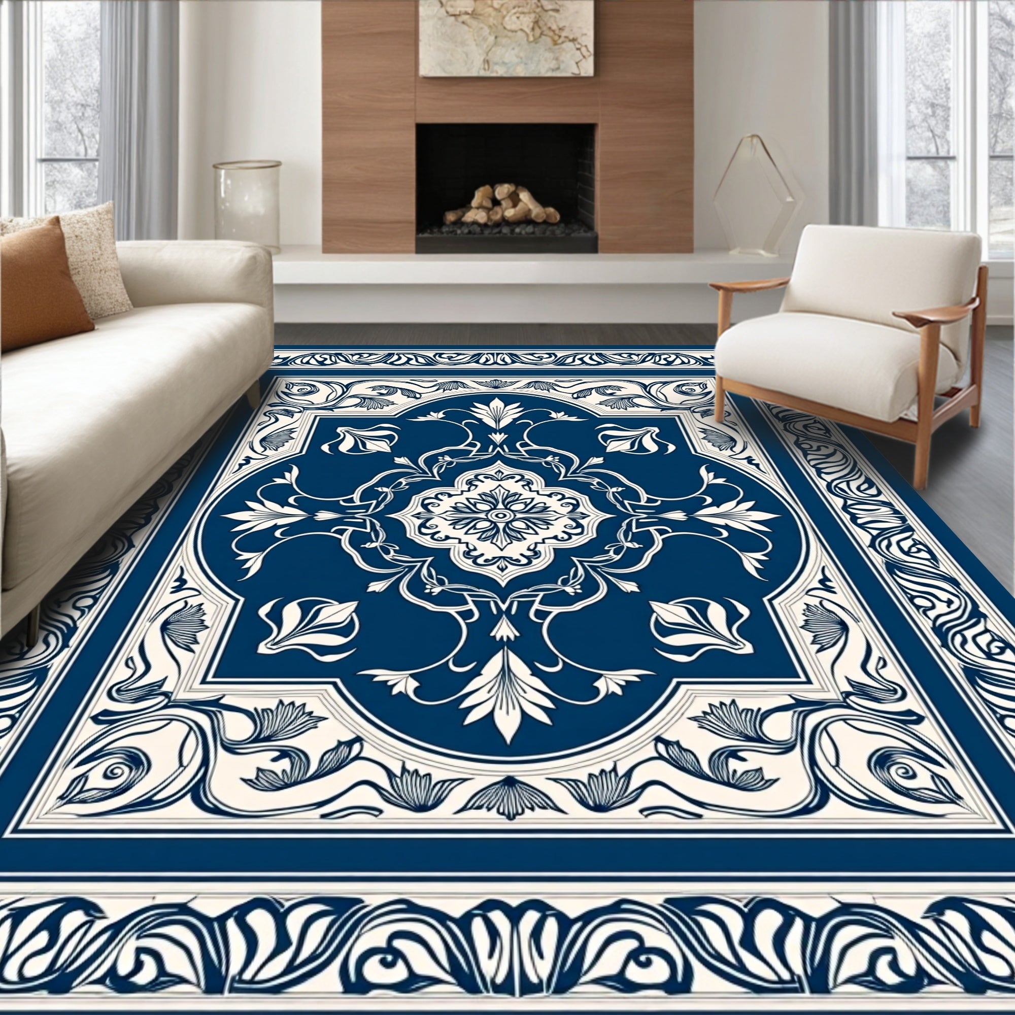 Classic Blue White Floral Medallion Rug