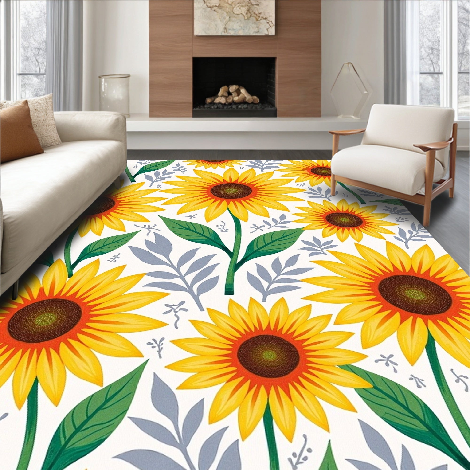 Bright Sunflower Patterned Folk Art Rug