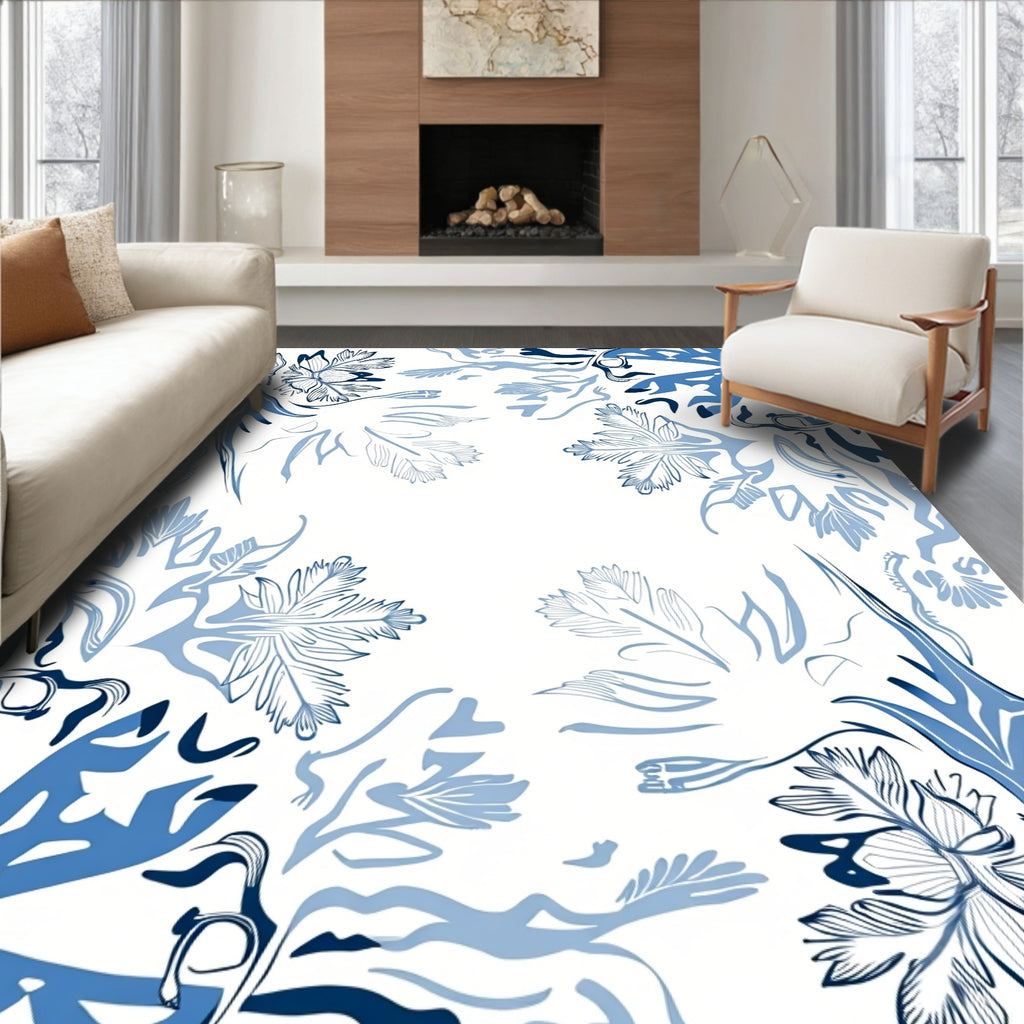 Blue Organic Leaf Pattern Rug