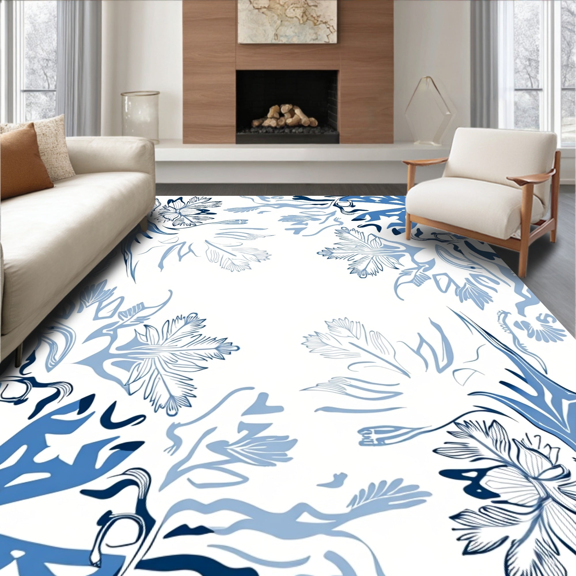 Blue Organic Leaf Pattern Rug