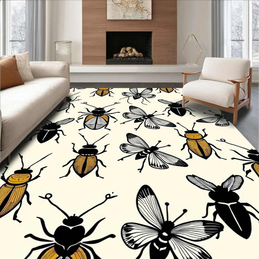 Illustrated Insect Pattern In Black and Gold Rug