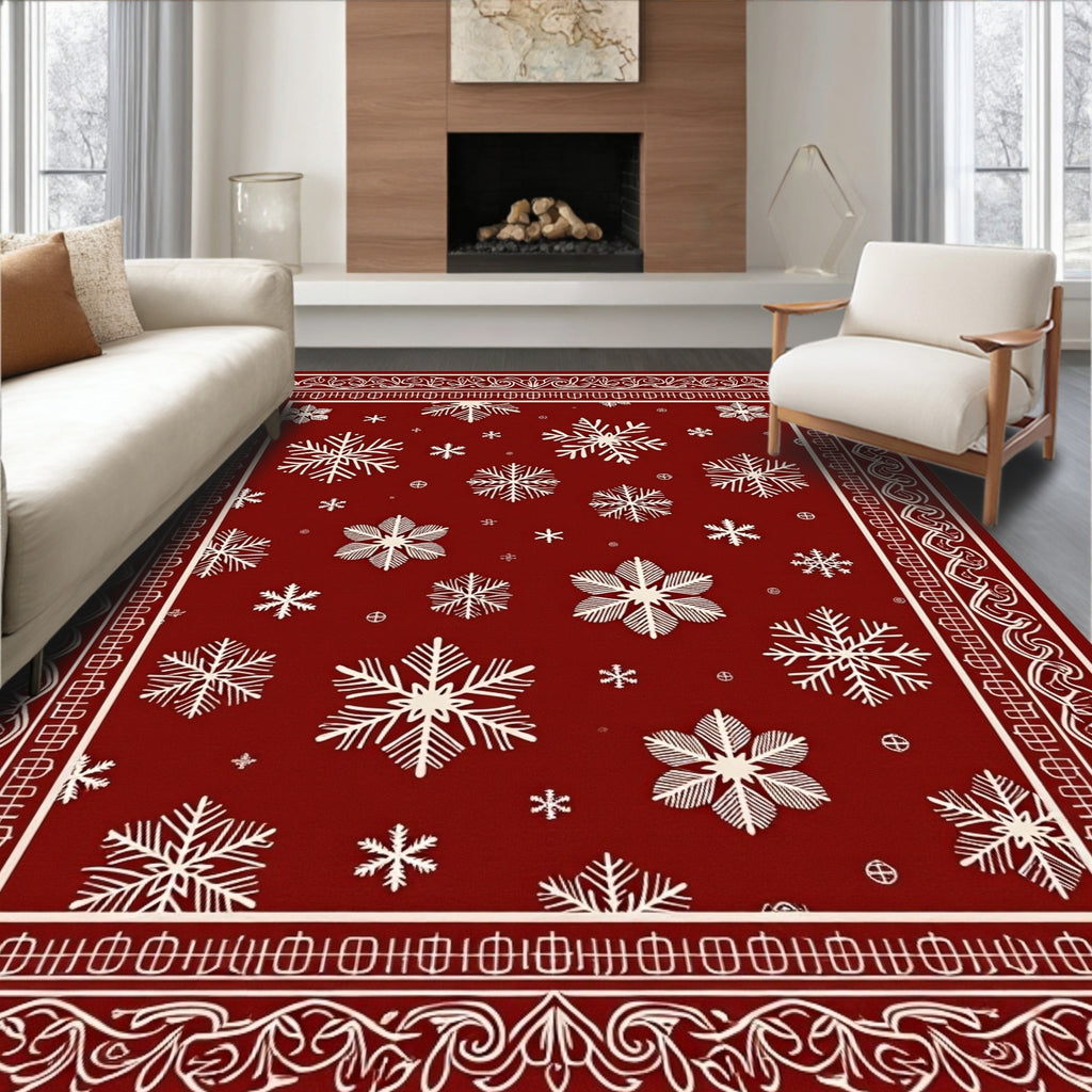 Snowflake Patterned Red Border Rug