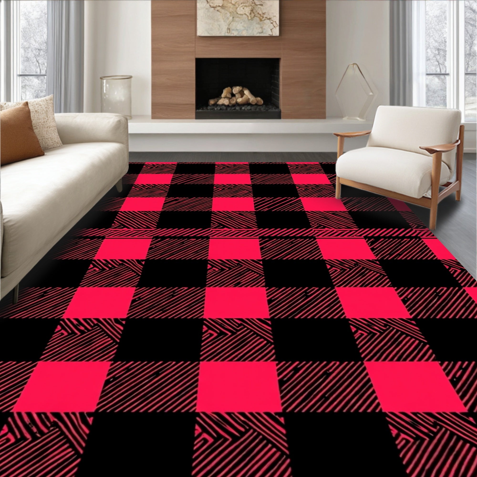 Bold Red Black Buffalo Check Pattern Rug