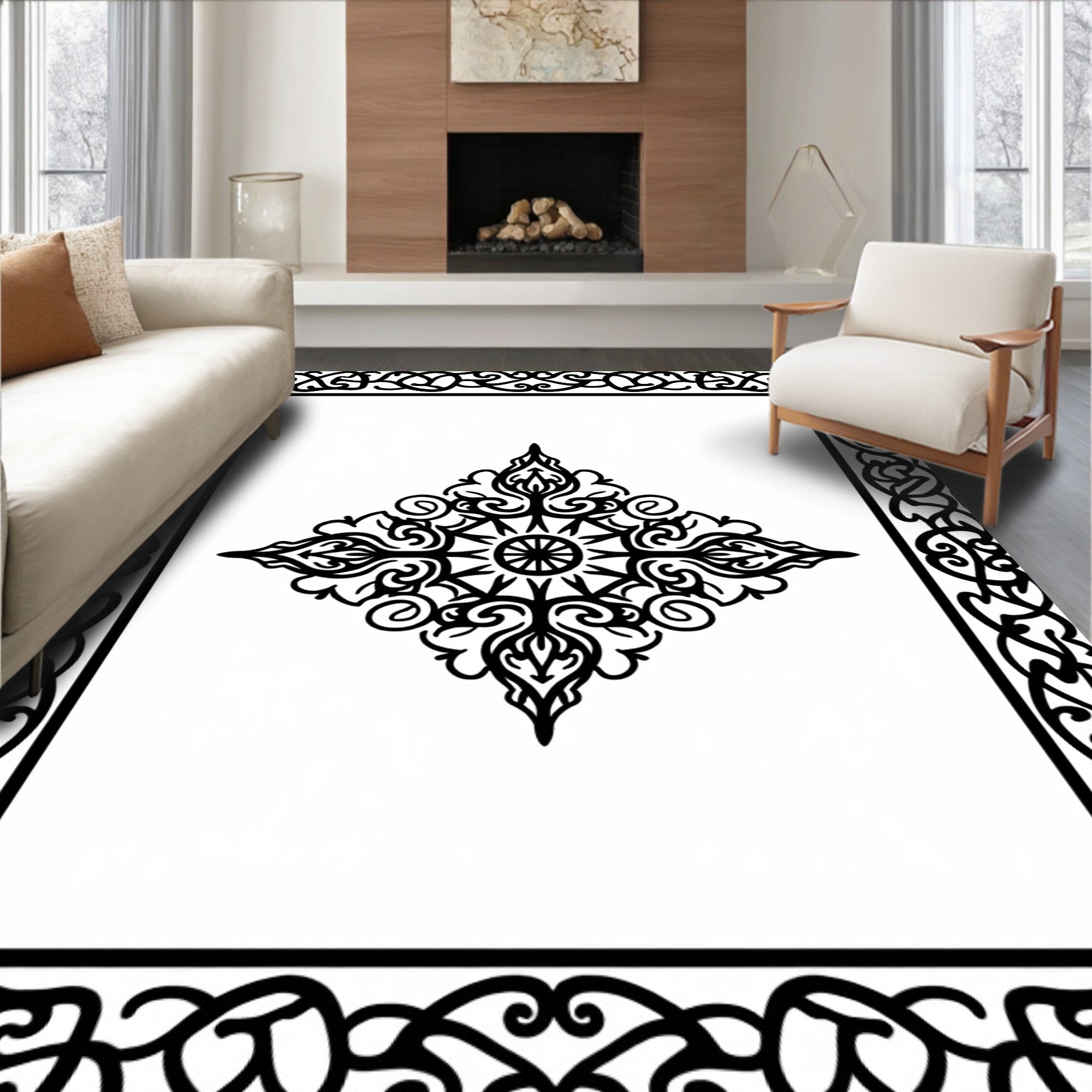 Ornate Black Scroll Mandala Design Rug