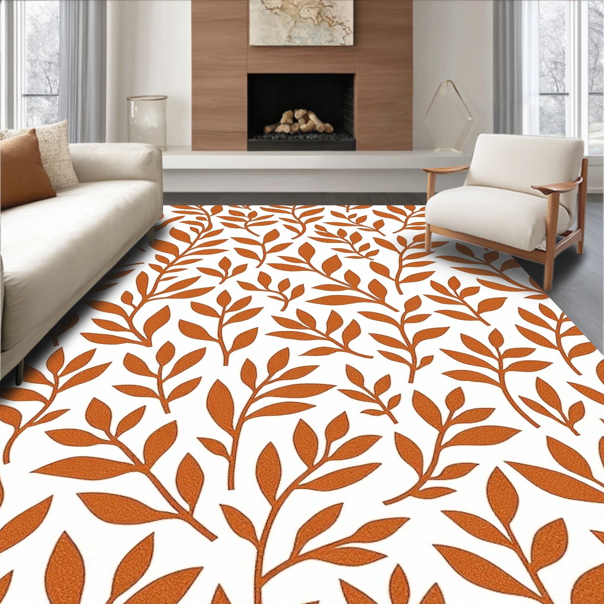 Contemporary Orange Leaf Pattern Rug